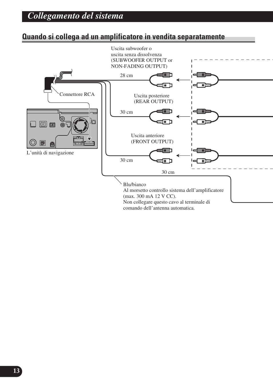 Quando si collega ad un amplificatore in, Vendita separatamente, Collegamento del sistema | Pioneer AVIC-D3 User Manual | Page 126 / 169