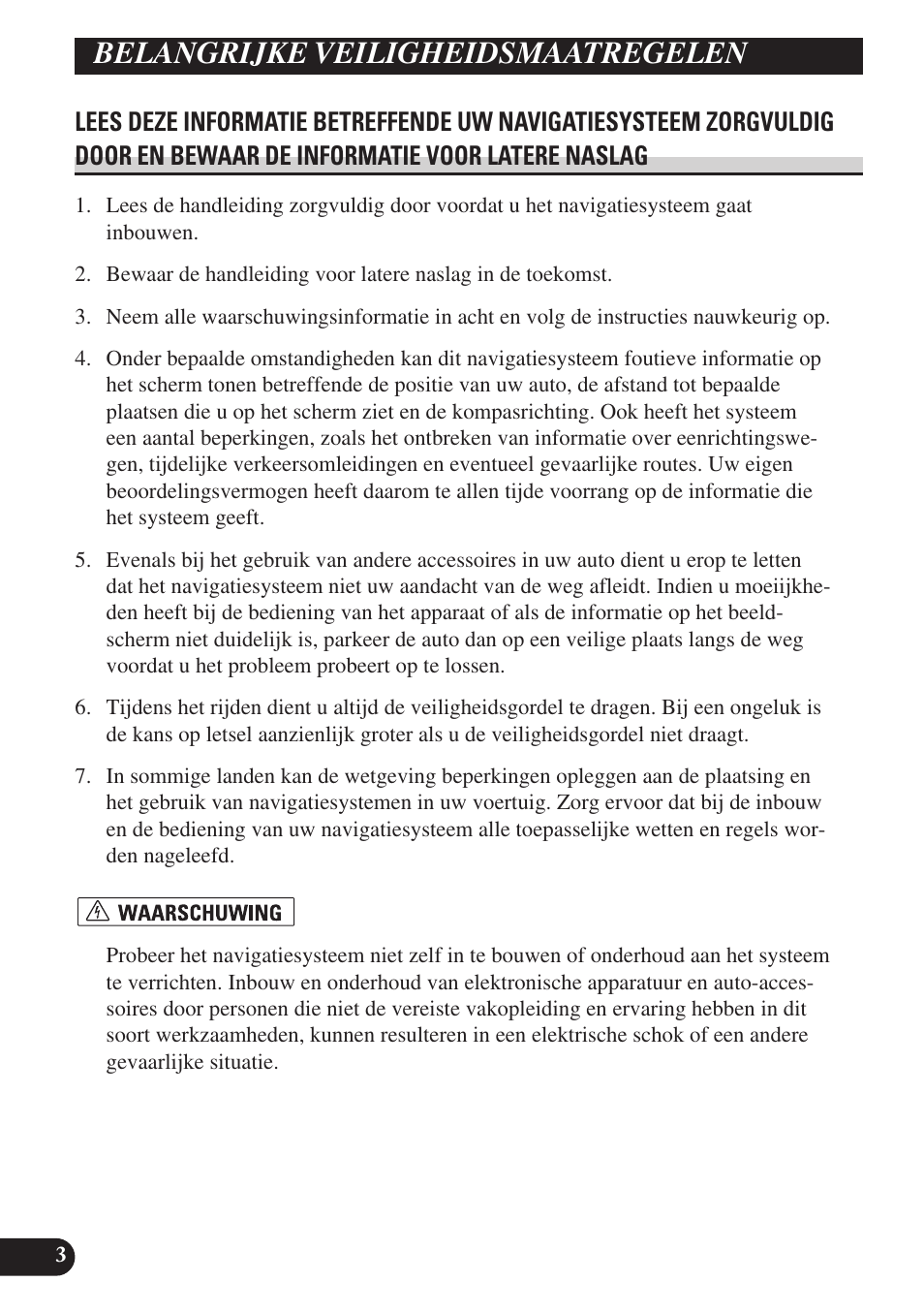 Belangrijke veiligheidsmaatregelen, Lees deze informatie betreffende | Pioneer AVIC-D3 User Manual | Page 144 / 169