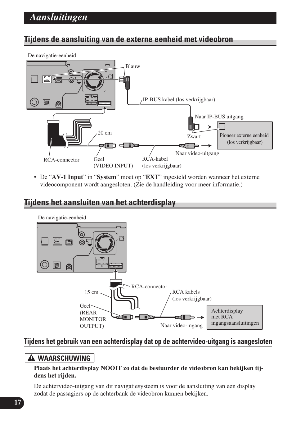 Tijdens de aansluiting van de externe eenheid, Met videobron, Tijdens het aansluiten van het achterdisplay | Aansluitingen | Pioneer AVIC-D3 User Manual | Page 158 / 169