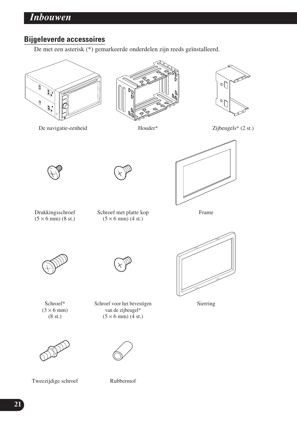 Bijgeleverde accessoires, Inbouwen | Pioneer AVIC-D3 User Manual | Page 162 / 169