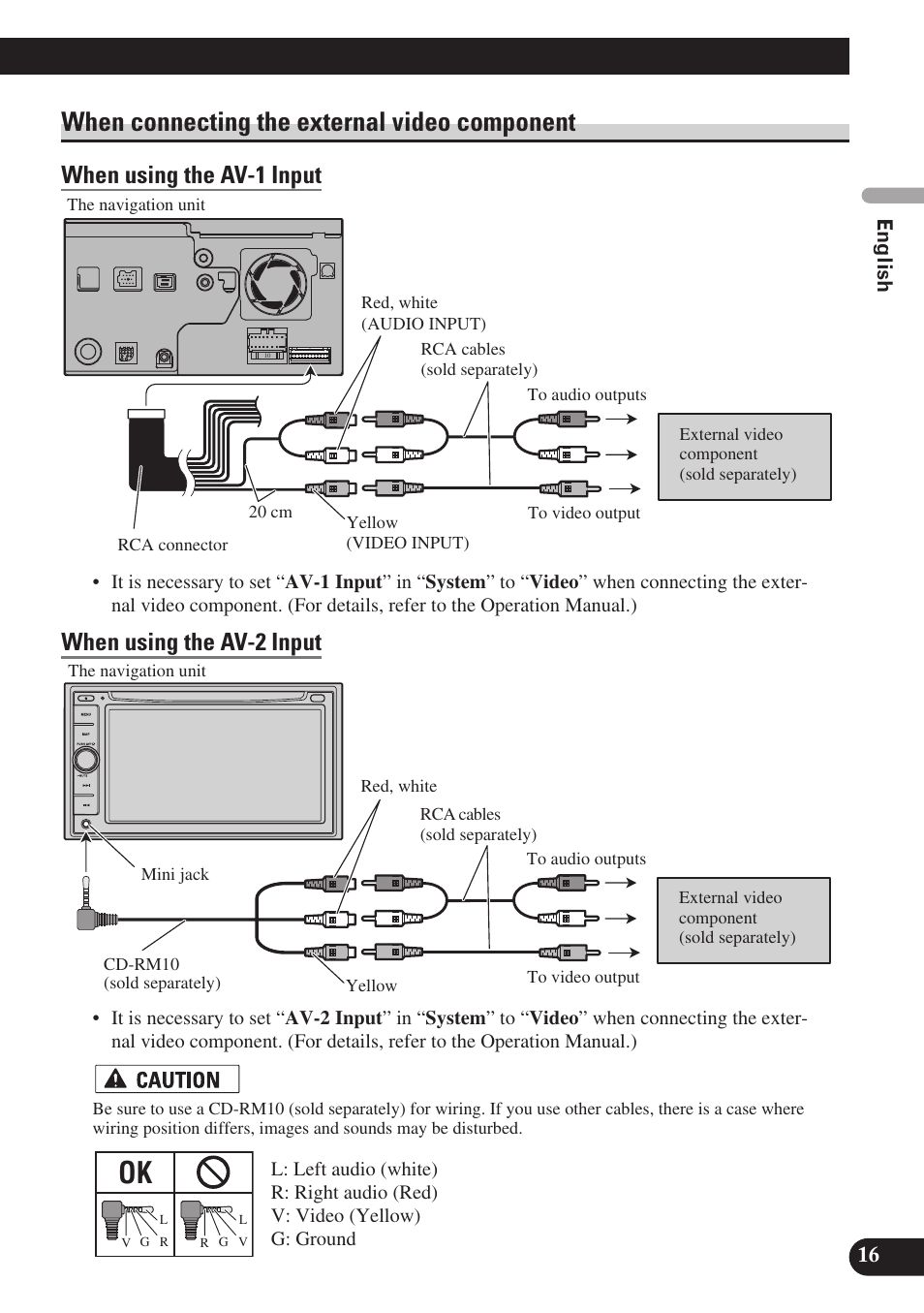 When connecting the external video, Component, When using the av-1 input | When using the av-2 input, When connecting the external video component | Pioneer AVIC-D3 User Manual | Page 17 / 169