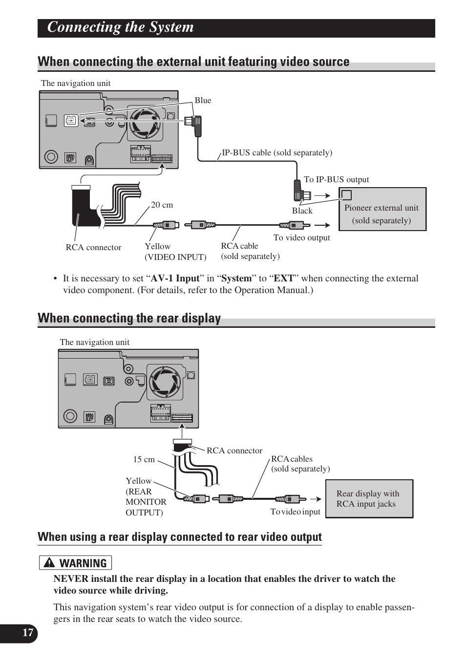 When connecting the external unit featuring, Video source, When connecting the rear display | Connecting the system | Pioneer AVIC-D3 User Manual | Page 18 / 169