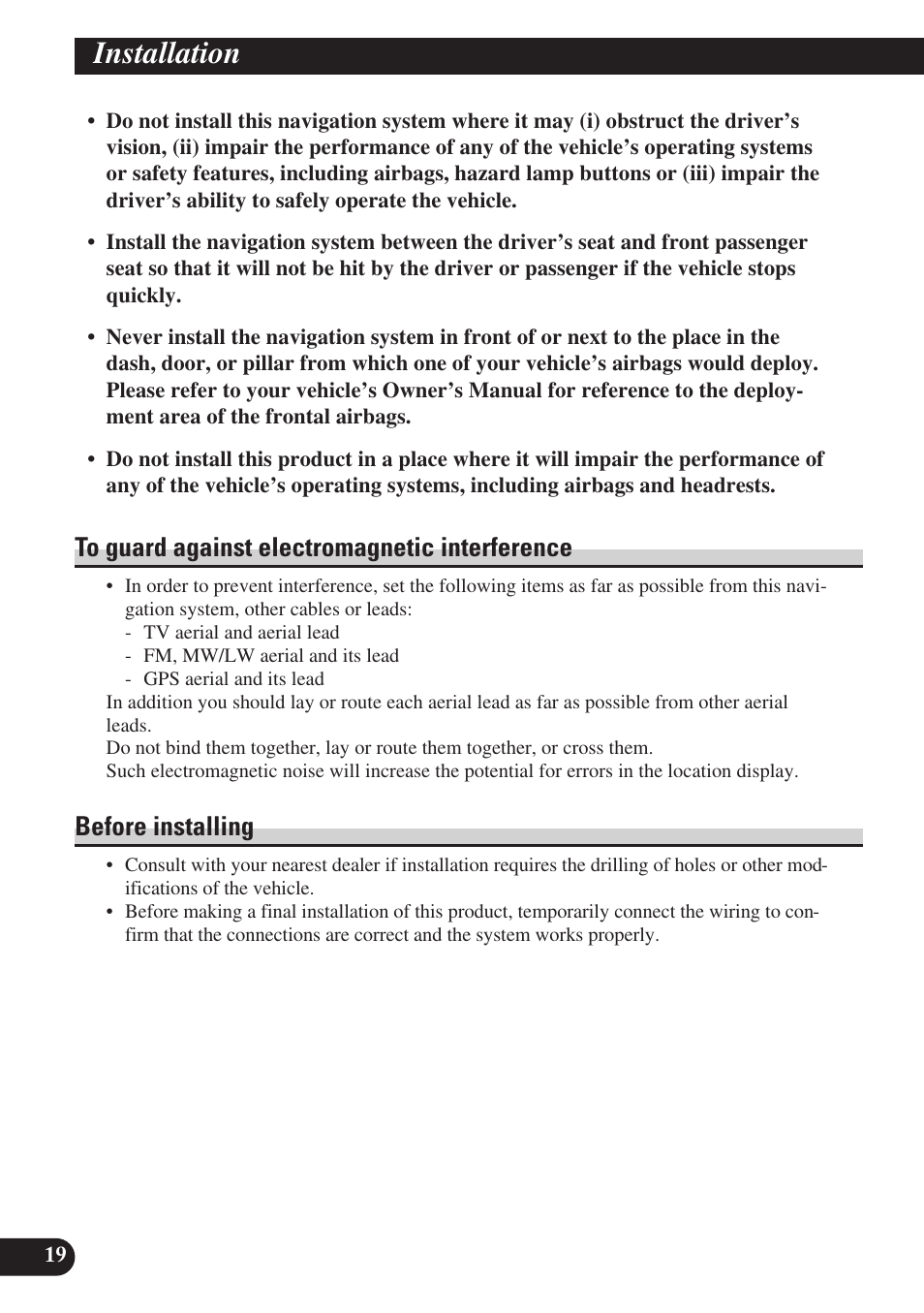 To guard against electromagnetic interference, Before installing, Installation | Pioneer AVIC-D3 User Manual | Page 20 / 169
