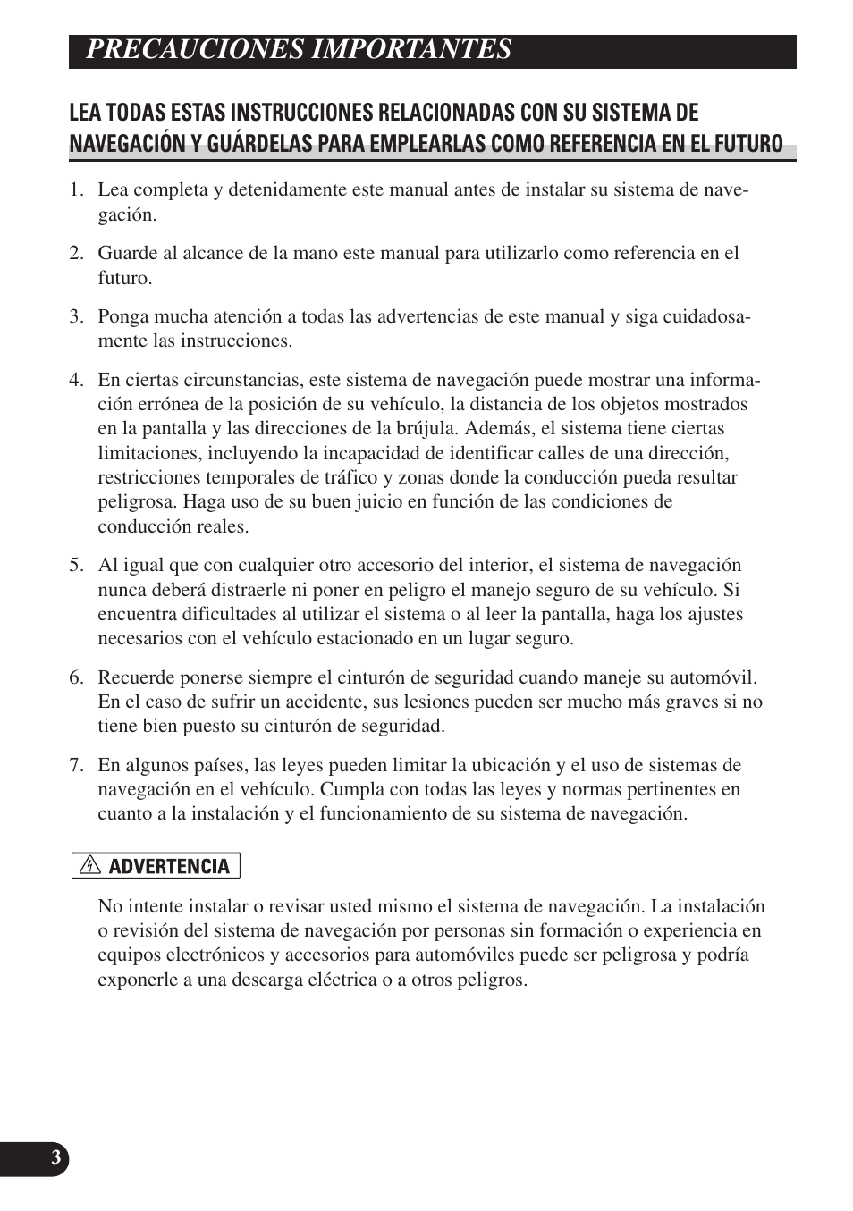 Precauciones importantes, Lea todas estas instrucciones | Pioneer AVIC-D3 User Manual | Page 32 / 169