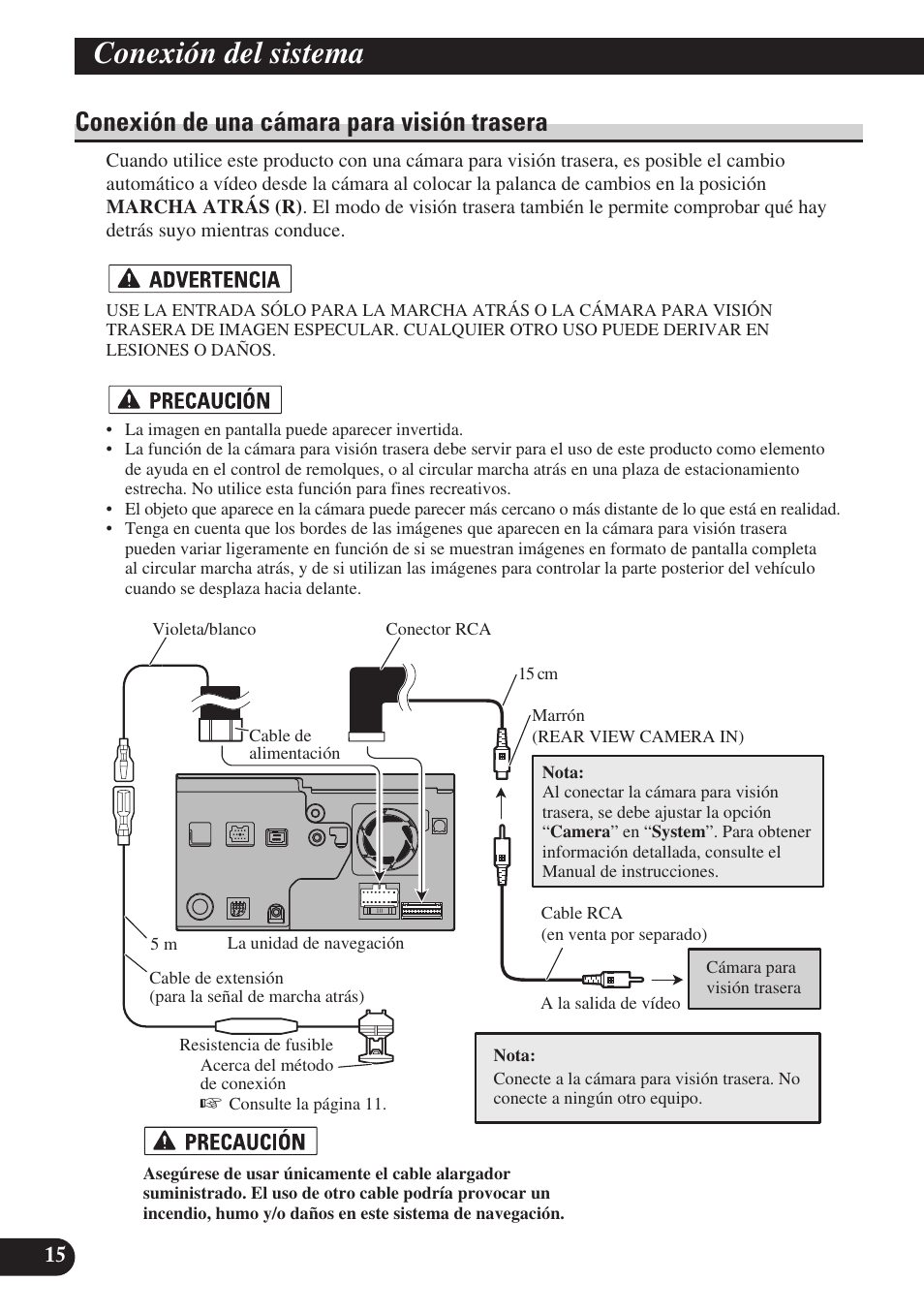 Conexión de una cámara para visión trasera, Conexión del sistema | Pioneer AVIC-D3 User Manual | Page 44 / 169