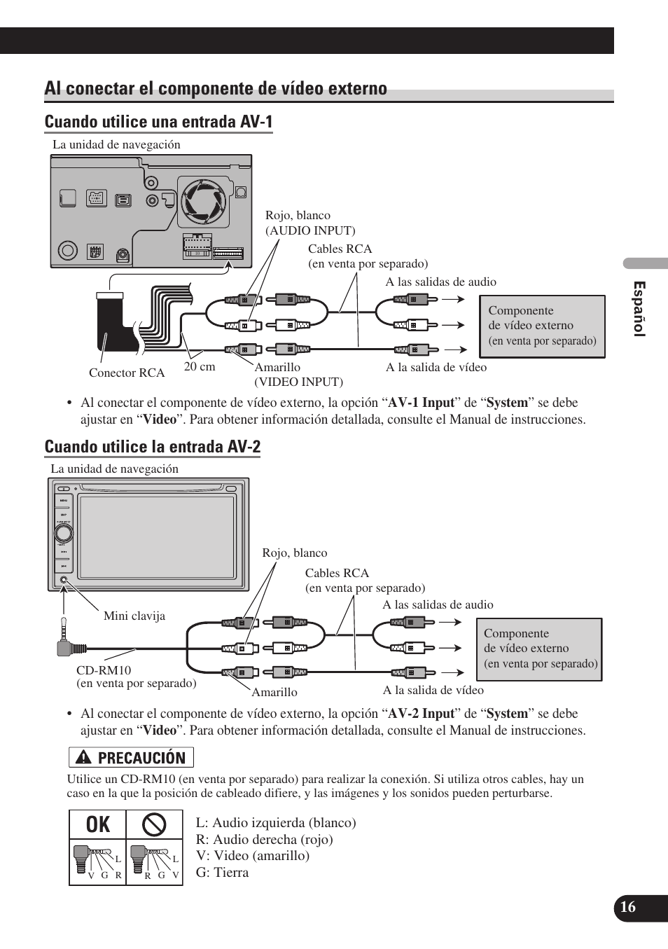 Al conectar el componente de vídeo externo, Cuando utilice una entrada av-1, Cuando utilice la entrada av-2 | Pioneer AVIC-D3 User Manual | Page 45 / 169