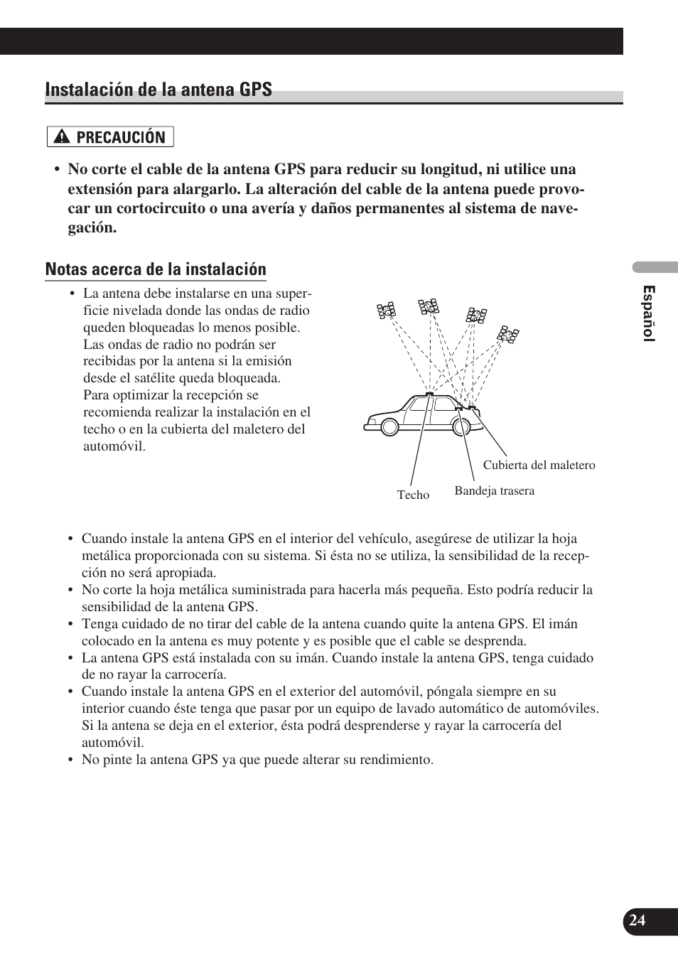 Instalación de la antena gps, Notas acerca de la instalación | Pioneer AVIC-D3 User Manual | Page 53 / 169