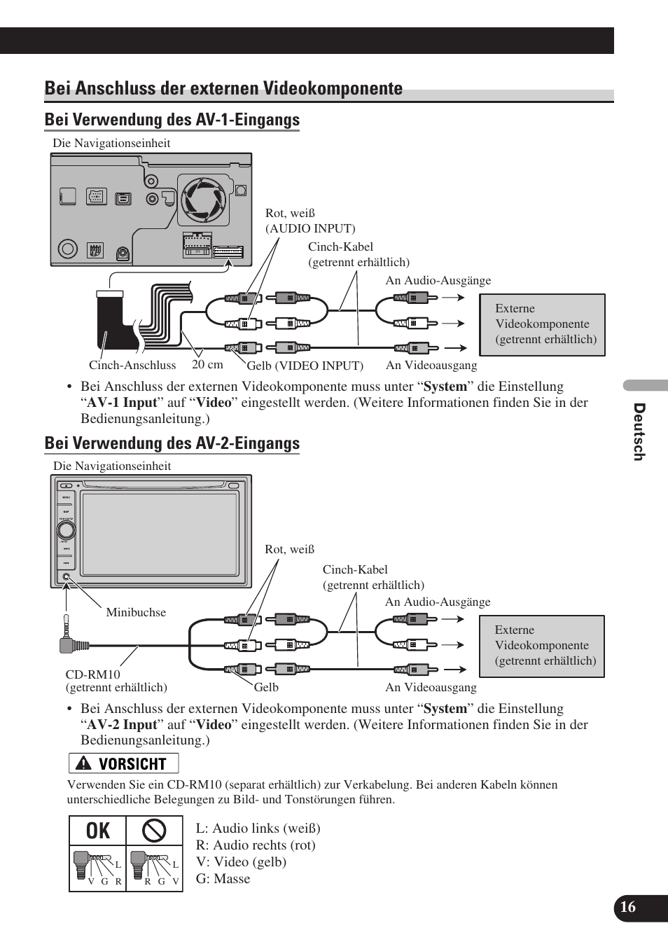 Bei anschluss der externen videokomponente, Bei verwendung des av-1-eingangs, Bei verwendung des av-2-eingangs | Pioneer AVIC-D3 User Manual | Page 73 / 169