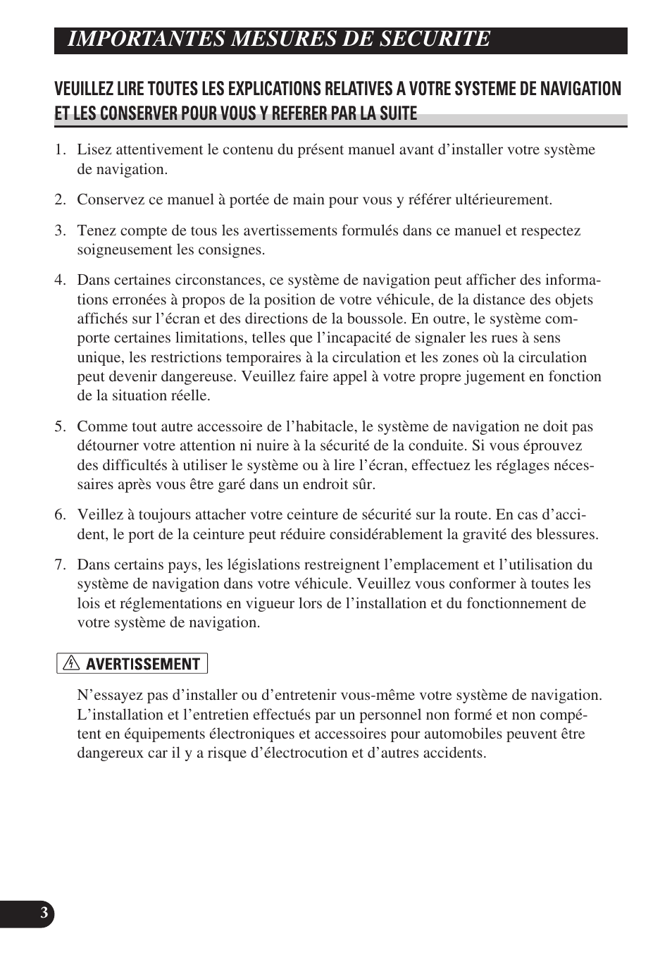 Importantes mesures de securite, Veuillez lire toutes les | Pioneer AVIC-D3 User Manual | Page 88 / 169