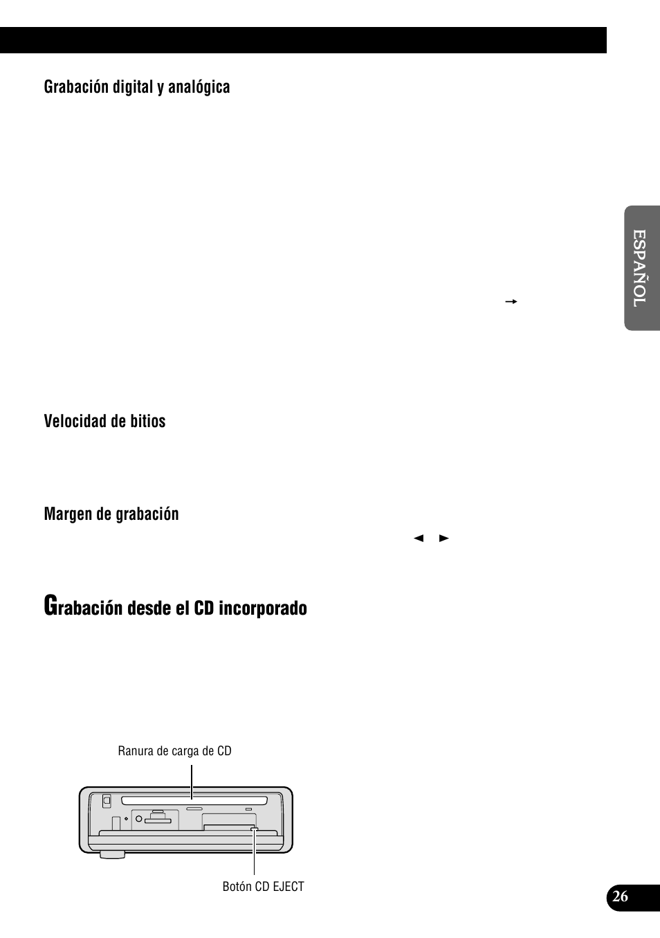 Grabación desde el cd incorporado, Rabación desde el cd incorporado, Grabación digital y analógica | Velocidad de bitios, Margen de grabación | Pioneer DEH-P900HDD User Manual | Page 103 / 156