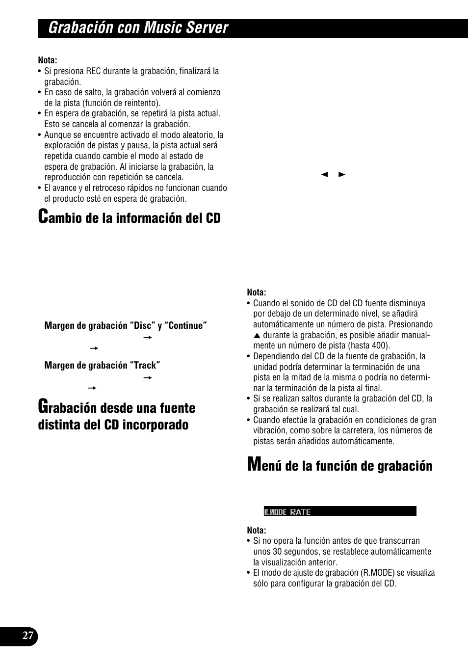 Incorporado, Menú de la función de grabación, Grabación con music server | Ambio de la información del cd, Enú de la función de grabación | Pioneer DEH-P900HDD User Manual | Page 104 / 156