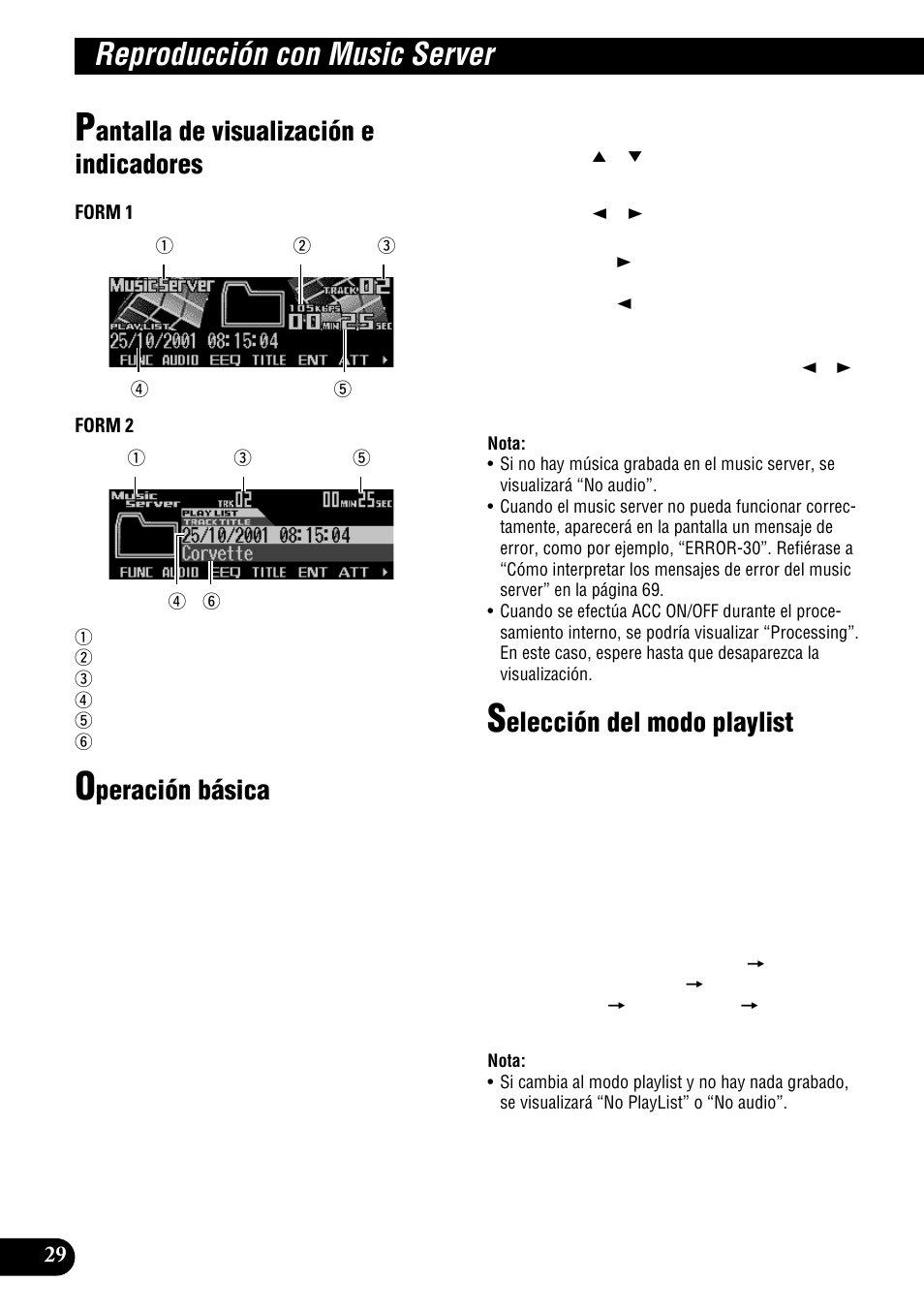 Reproducción con music server, Antalla de visualización e indicadores, Peración básica | Elección del modo playlist | Pioneer DEH-P900HDD User Manual | Page 106 / 156