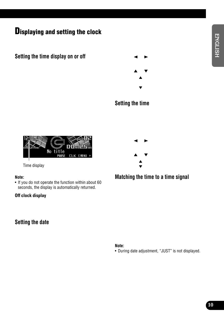 Displaying and setting the clock, Isplaying and setting the clock, Setting the time display on or off | Setting the date, Setting the time, Matching the time to a time signal | Pioneer DEH-P900HDD User Manual | Page 11 / 156