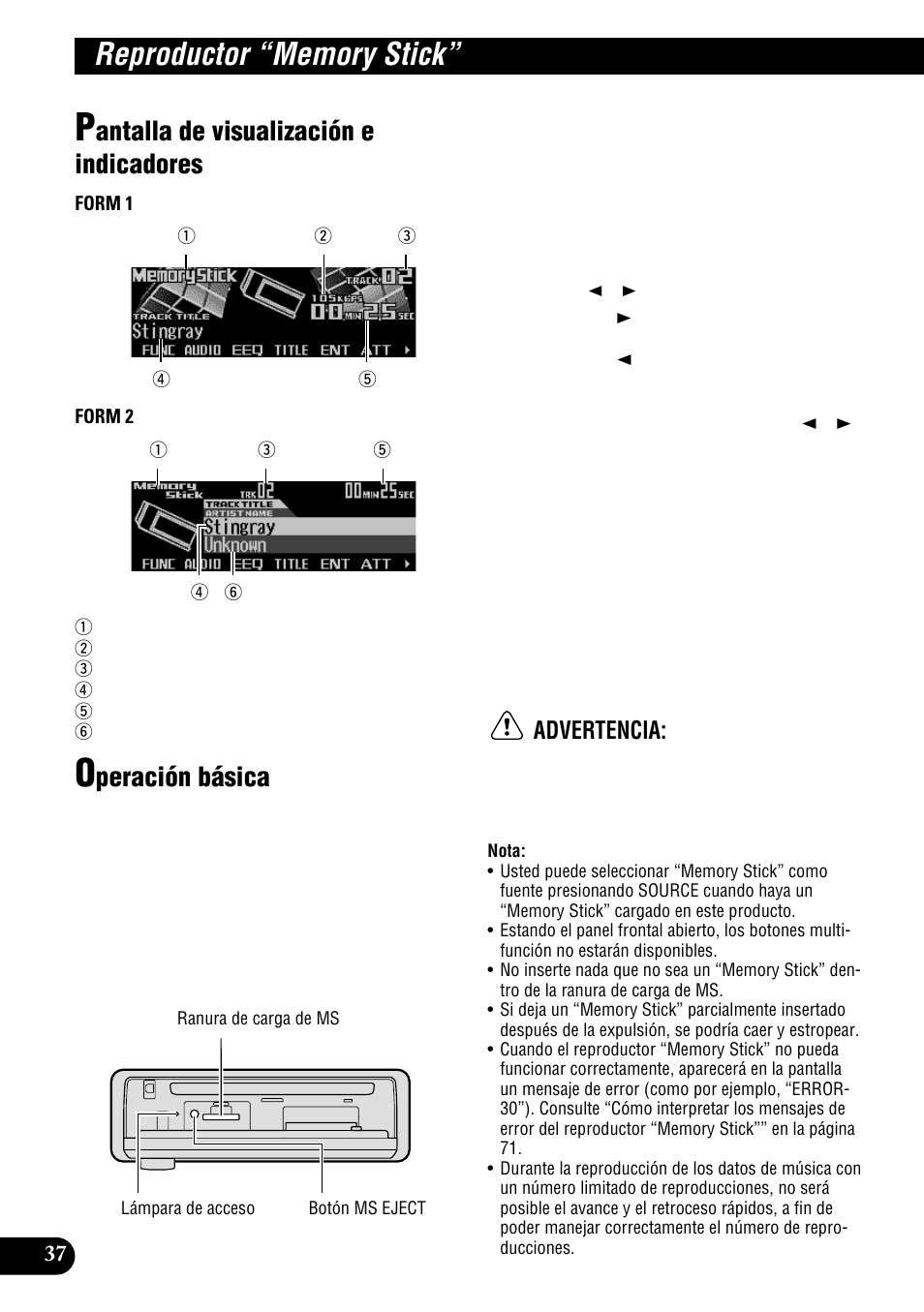 Reproductor “memory stick, Antalla de visualización e indicadores, Peración básica | Advertencia | Pioneer DEH-P900HDD User Manual | Page 114 / 156