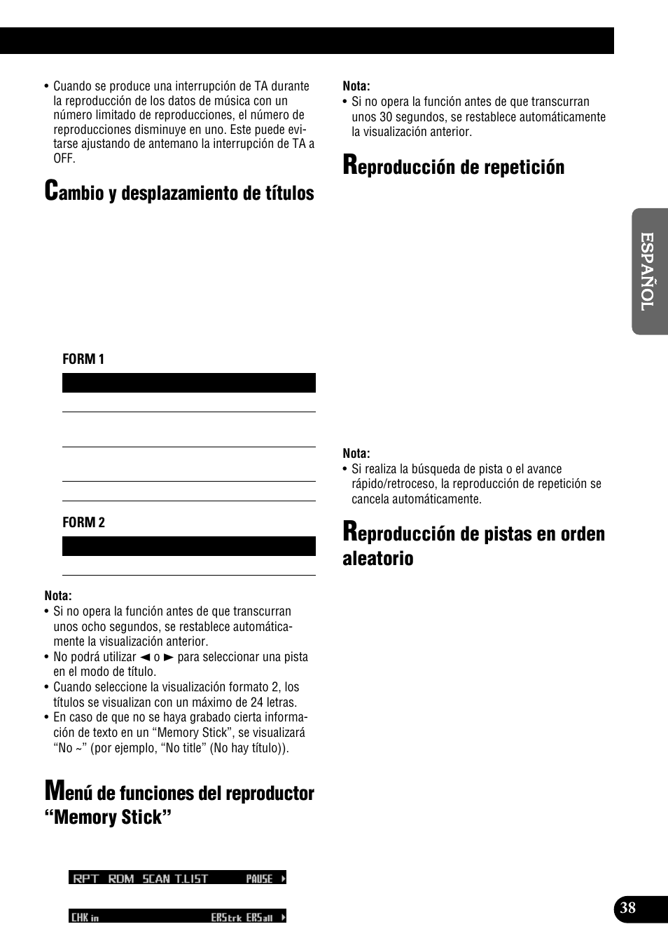 Stick, Ambio y desplazamiento de títulos, Eproducción de repetición | Eproducción de pistas en orden aleatorio | Pioneer DEH-P900HDD User Manual | Page 115 / 156