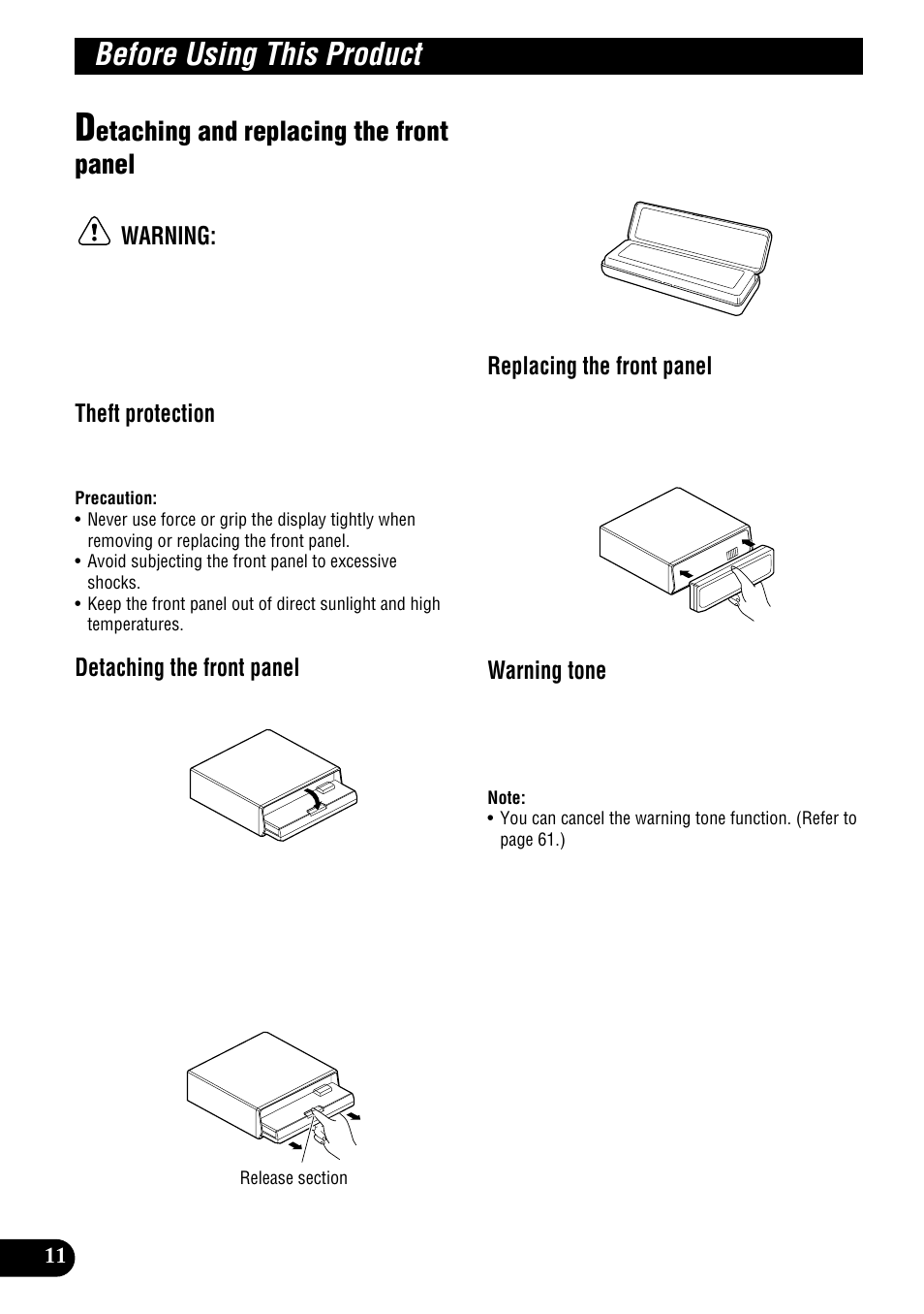 Detaching and replacing the front panel, Before using this product, Etaching and replacing the front panel | Warning, Theft protection, Detaching the front panel, Replacing the front panel, Warning tone | Pioneer DEH-P900HDD User Manual | Page 12 / 156