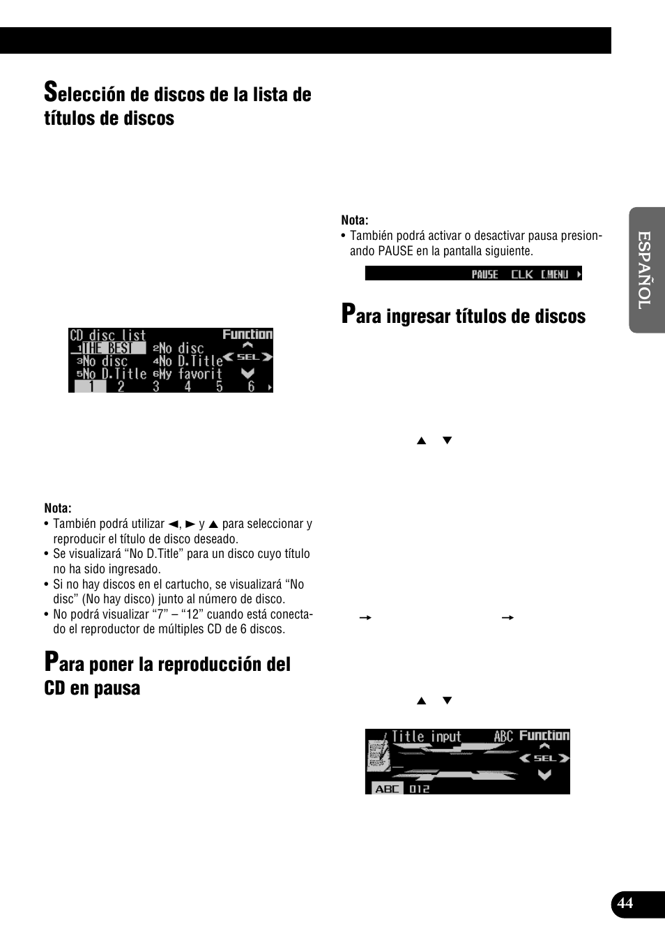 Selección de discos de la lista de títulos de, Discos, Ara poner la reproducción del cd en pausa | Ara ingresar títulos de discos | Pioneer DEH-P900HDD User Manual | Page 121 / 156