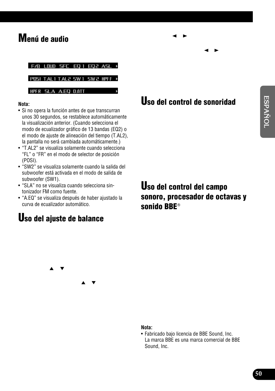 De octavas y sonido bbe, Enú de audio, So del ajuste de balance | So del control de sonoridad | Pioneer DEH-P900HDD User Manual | Page 127 / 156