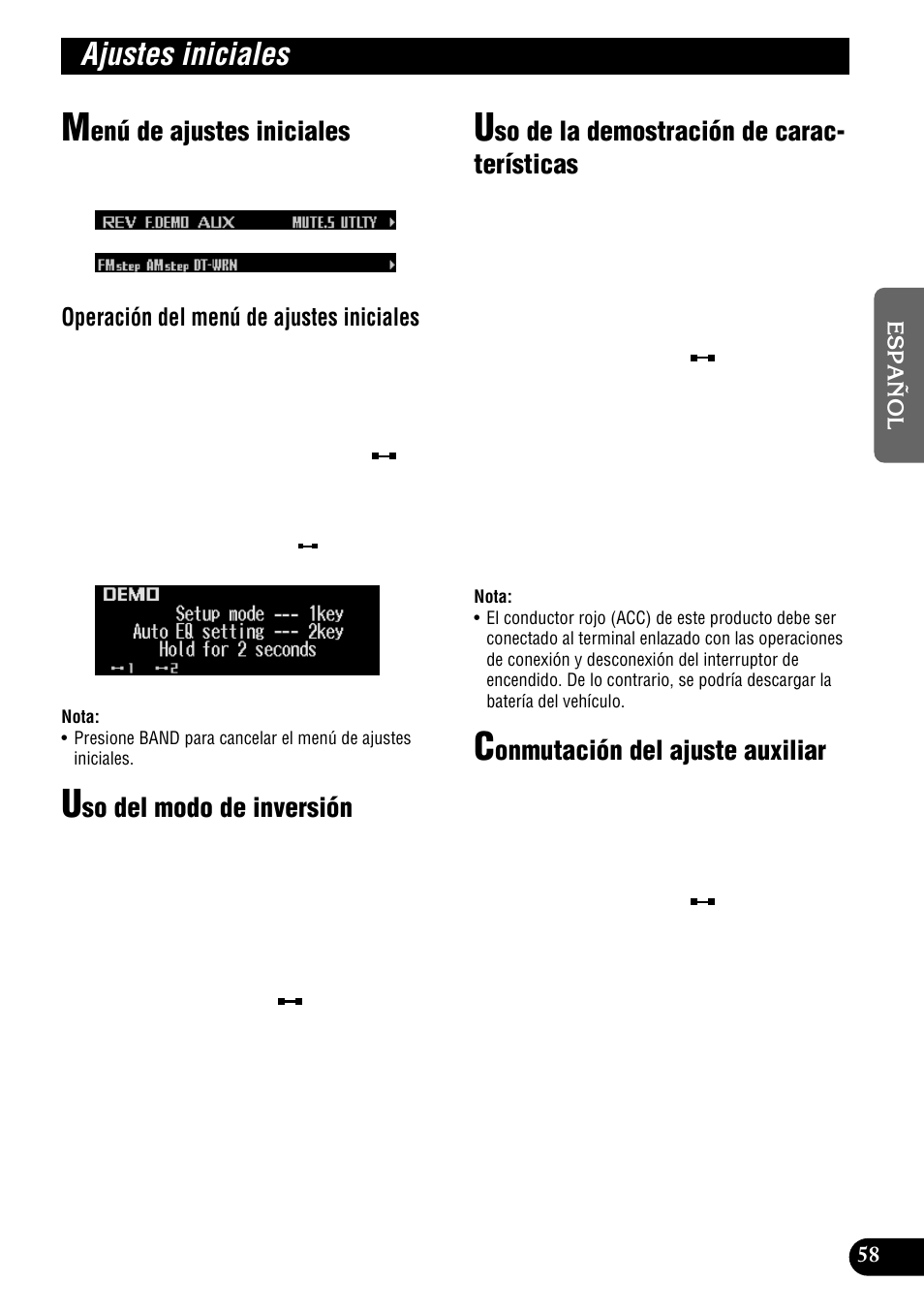 Ajustes iniciales, Enú de ajustes iniciales, So del modo de inversión | So de la demostración de carac- terísticas, Onmutación del ajuste auxiliar, Operación del menú de ajustes iniciales | Pioneer DEH-P900HDD User Manual | Page 135 / 156