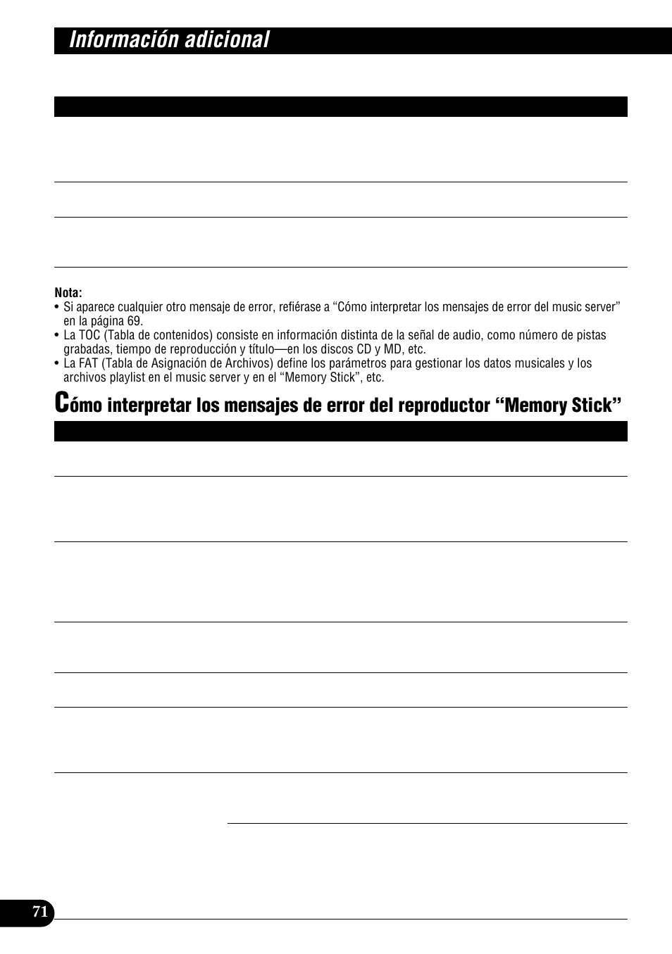 Cómo interpretar los mensajes de error del, Reproductor “memory stick, Información adicional | Pioneer DEH-P900HDD User Manual | Page 148 / 156