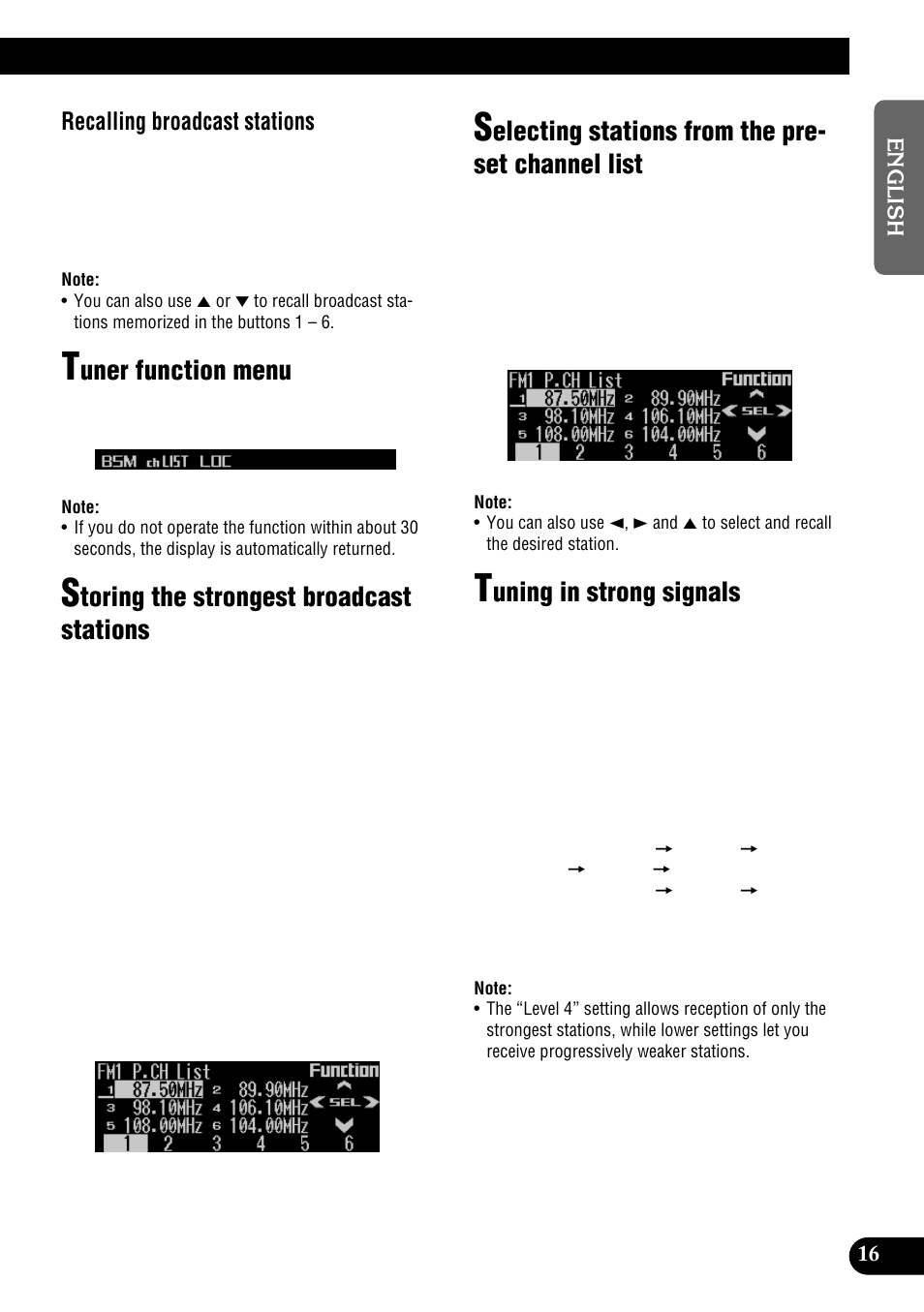 List, Tuning in strong signals, Uner function menu | Toring the strongest broadcast stations, Electing stations from the pre- set channel list, Uning in strong signals, Recalling broadcast stations | Pioneer DEH-P900HDD User Manual | Page 17 / 156