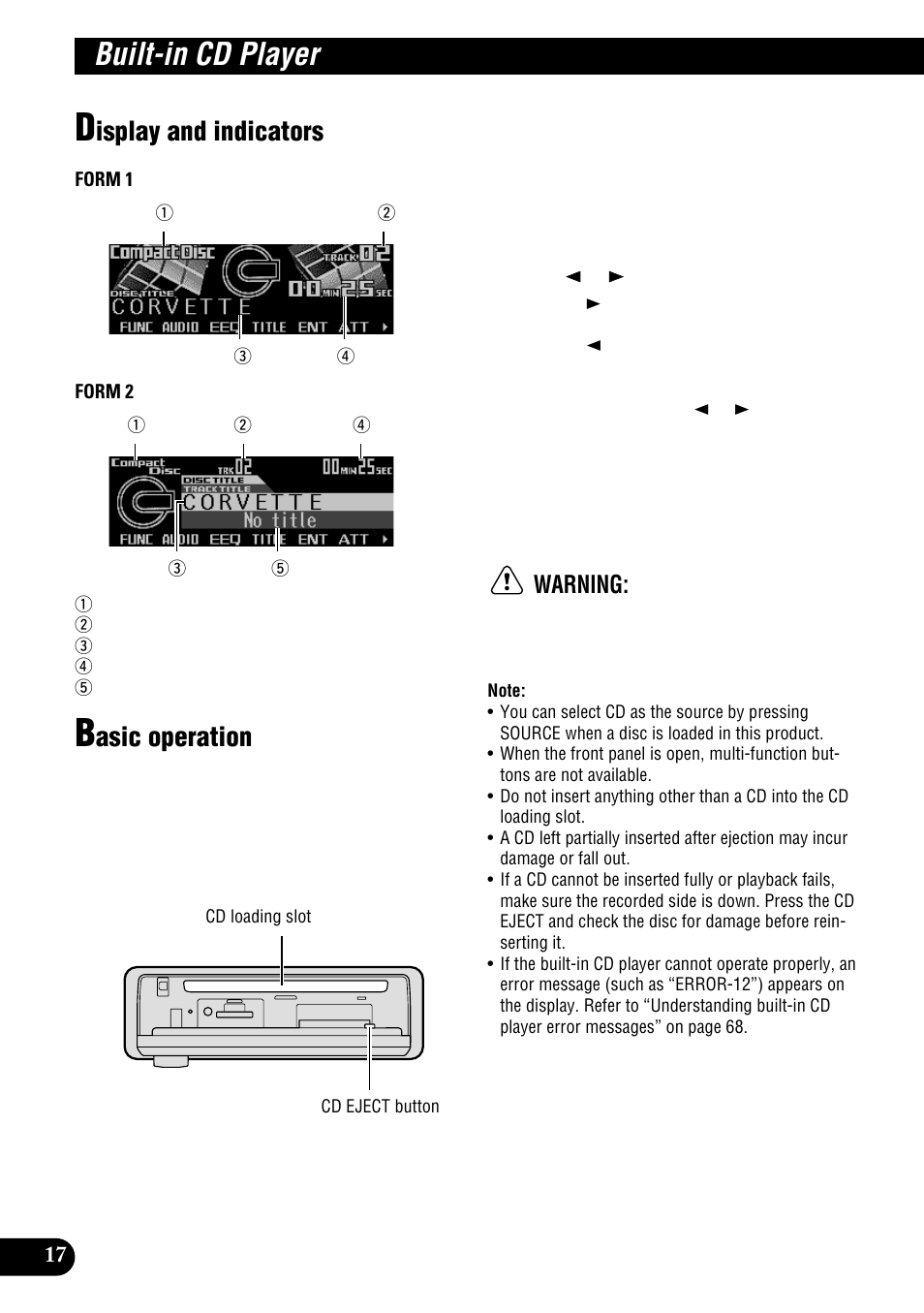 Built-in cd player, Display and indicators basic operation, Isplay and indicators | Asic operation, Warning | Pioneer DEH-P900HDD User Manual | Page 18 / 156