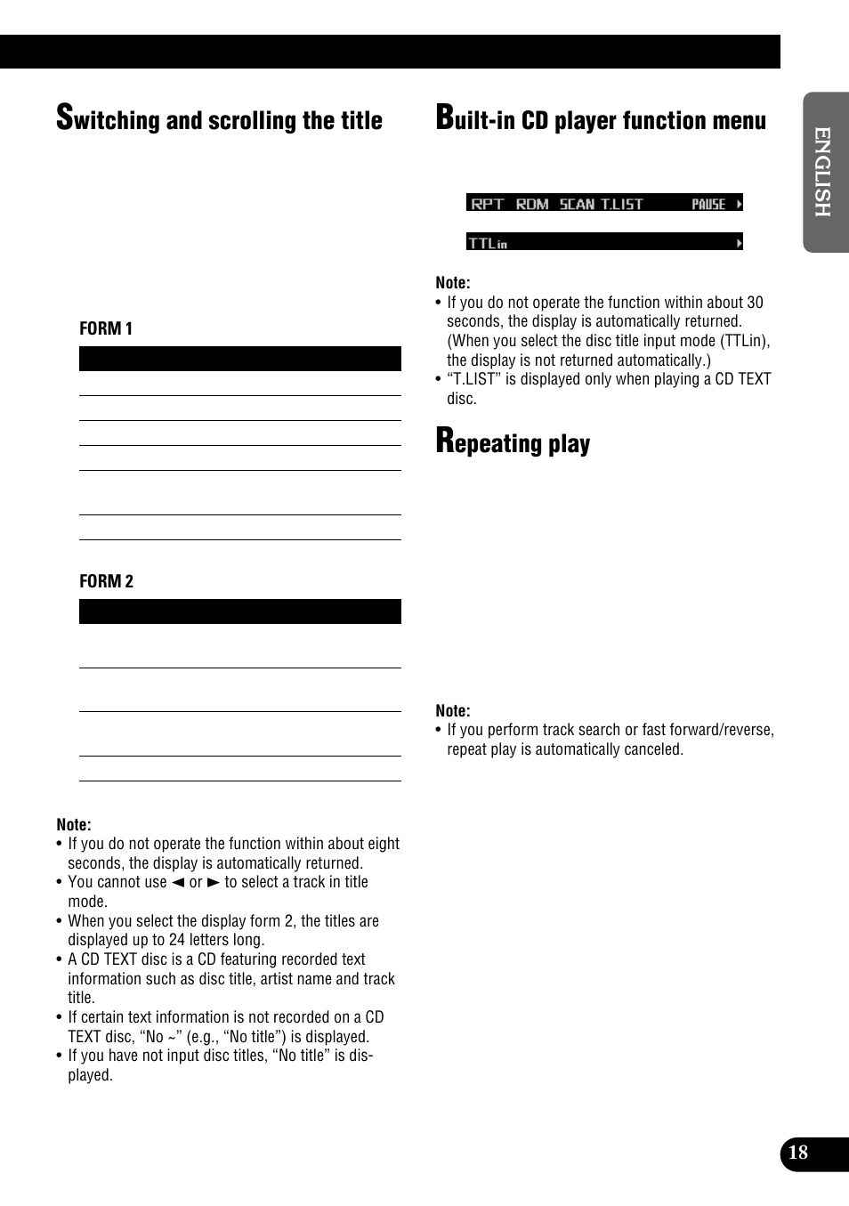 Witching and scrolling the title, Uilt-in cd player function menu, Epeating play | Pioneer DEH-P900HDD User Manual | Page 19 / 156