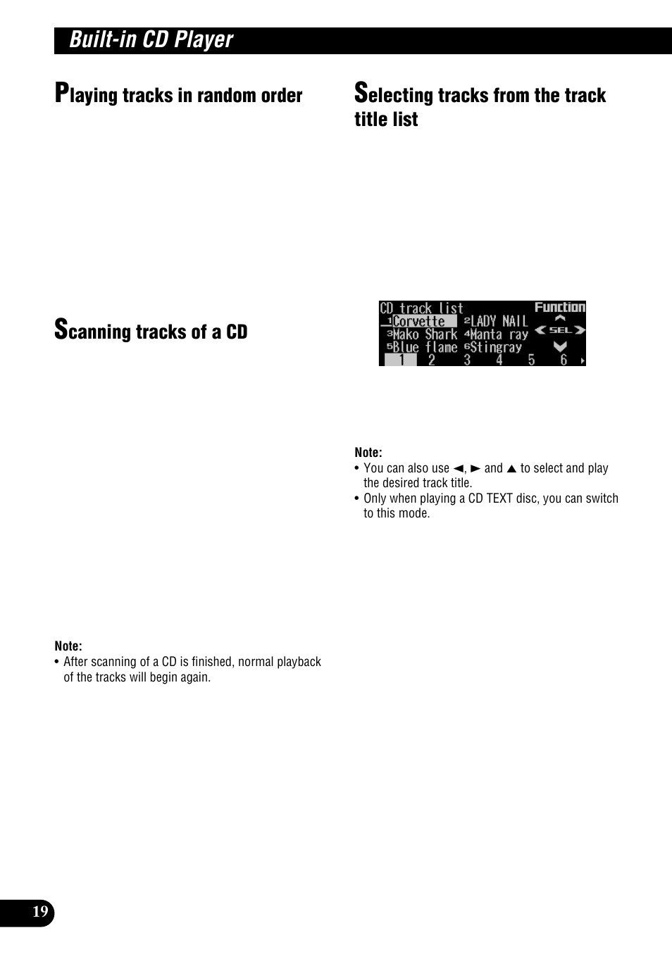 Built-in cd player, Laying tracks in random order, Canning tracks of a cd | Electing tracks from the track title list | Pioneer DEH-P900HDD User Manual | Page 20 / 156