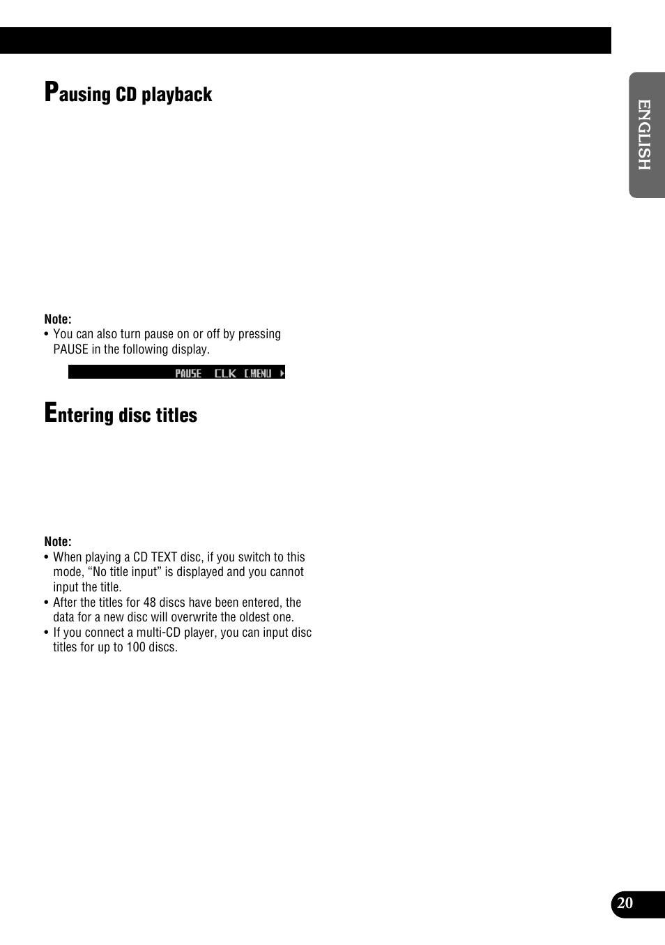 Pausing cd playback entering disc titles, Ausing cd playback, Ntering disc titles | Pioneer DEH-P900HDD User Manual | Page 21 / 156