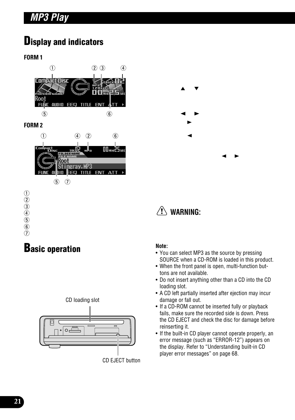 Mp3 play, Display and indicators basic operation, Isplay and indicators | Asic operation, Warning | Pioneer DEH-P900HDD User Manual | Page 22 / 156