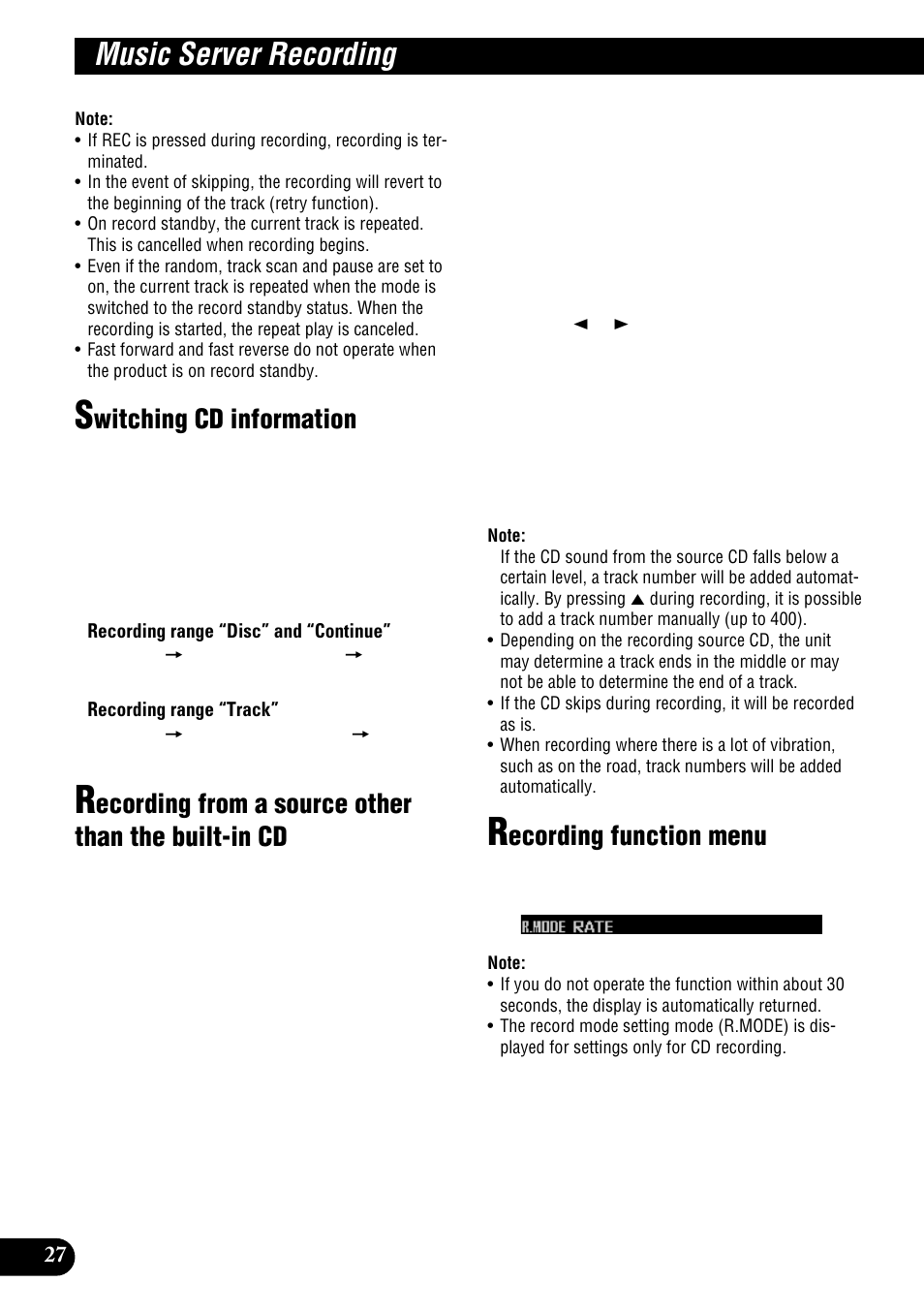 The built-in cd, Recording function menu, Music server recording | Witching cd information, Ecording from a source other than the built-in cd, Ecording function menu | Pioneer DEH-P900HDD User Manual | Page 28 / 156