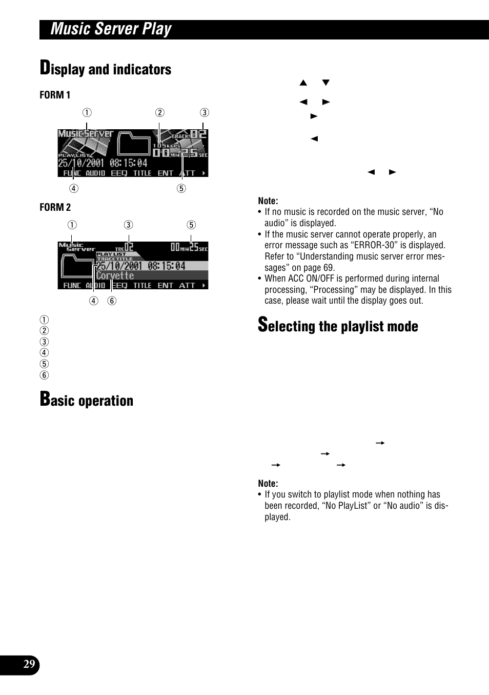 Music server play, Isplay and indicators, Asic operation | Electing the playlist mode | Pioneer DEH-P900HDD User Manual | Page 30 / 156