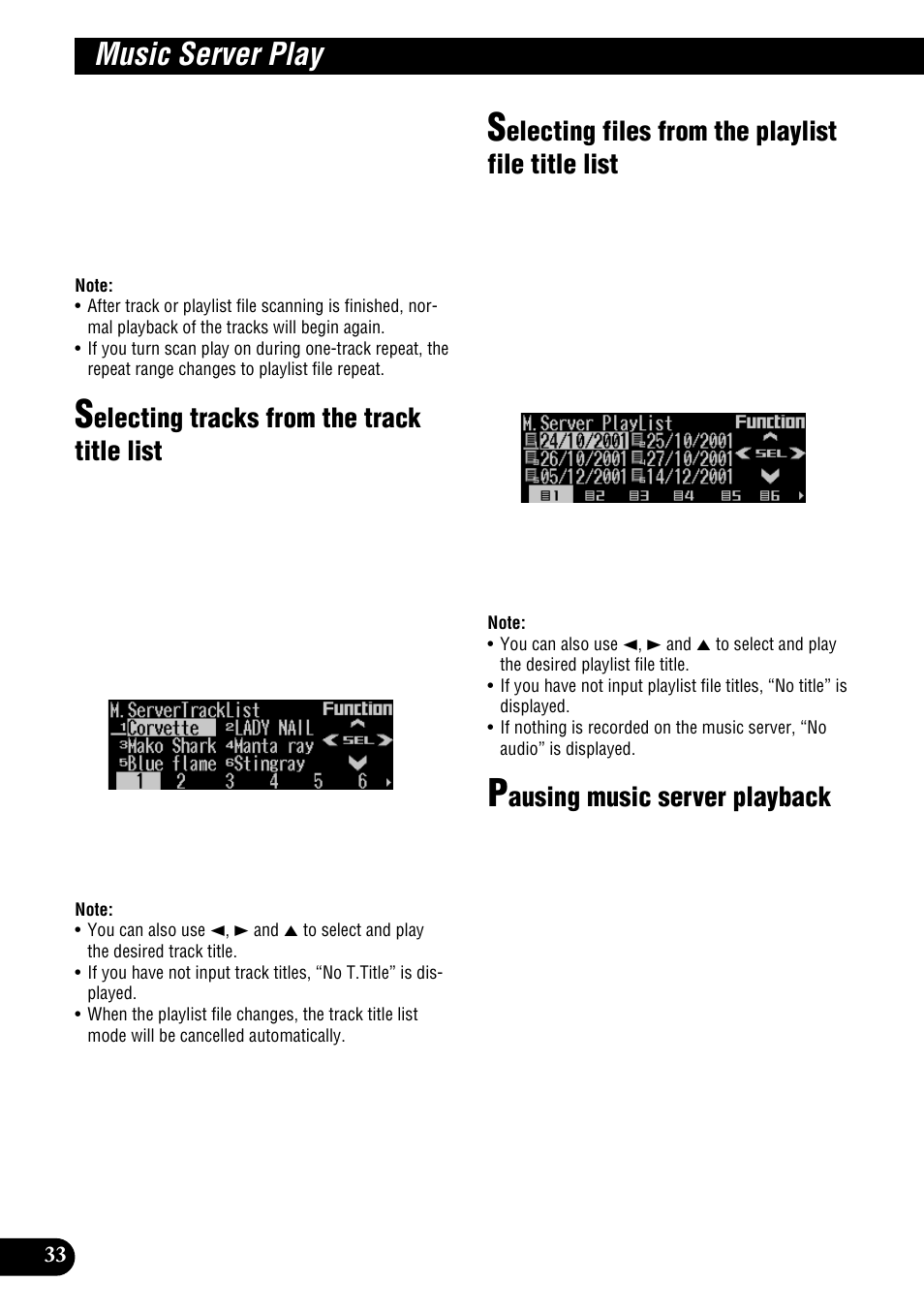 Music server play, Electing tracks from the track title list, Electing files from the playlist file title list | Ausing music server playback | Pioneer DEH-P900HDD User Manual | Page 34 / 156