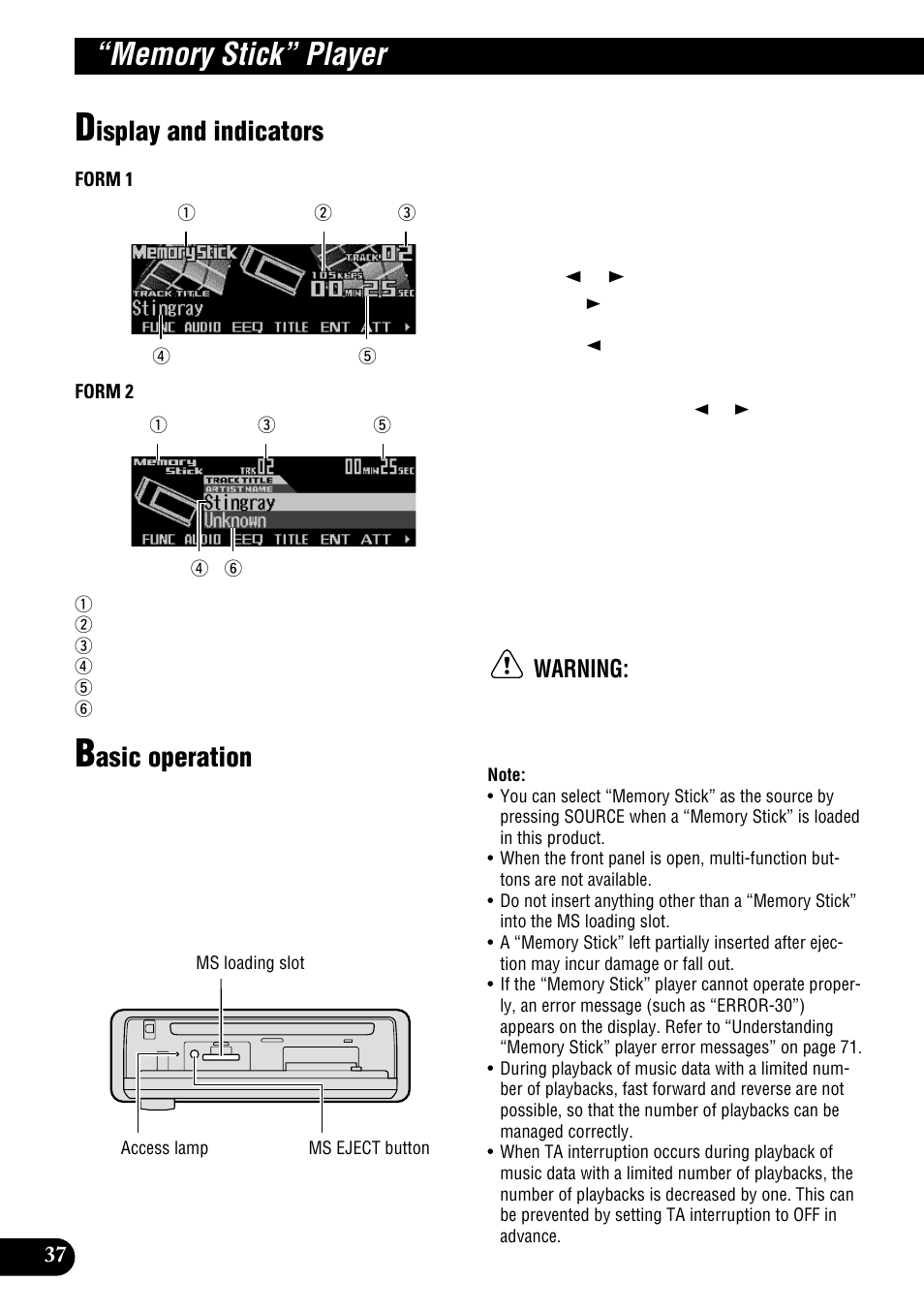 Memory stick” player, Display and indicators basic operation, Isplay and indicators | Asic operation, Warning | Pioneer DEH-P900HDD User Manual | Page 38 / 156