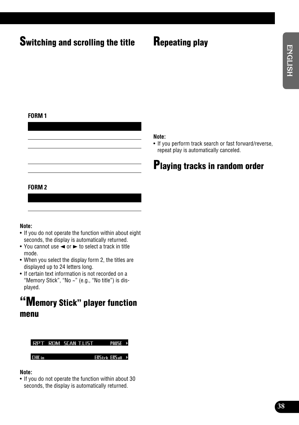 Witching and scrolling the title, Emory stick” player function menu, Epeating play | Laying tracks in random order | Pioneer DEH-P900HDD User Manual | Page 39 / 156