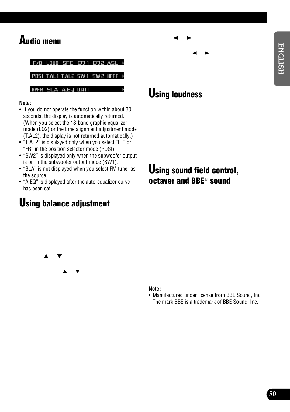 Bbe sound, Udio menu, Sing balance adjustment | Sing loudness, Sing sound field control, octaver and bbe, Sound | Pioneer DEH-P900HDD User Manual | Page 51 / 156