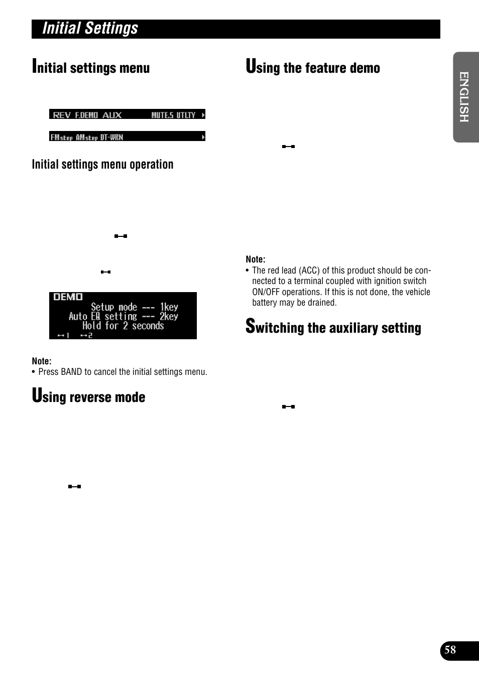 Initial settings, Nitial settings menu, Sing reverse mode | Sing the feature demo, Witching the auxiliary setting, Initial settings menu operation | Pioneer DEH-P900HDD User Manual | Page 59 / 156