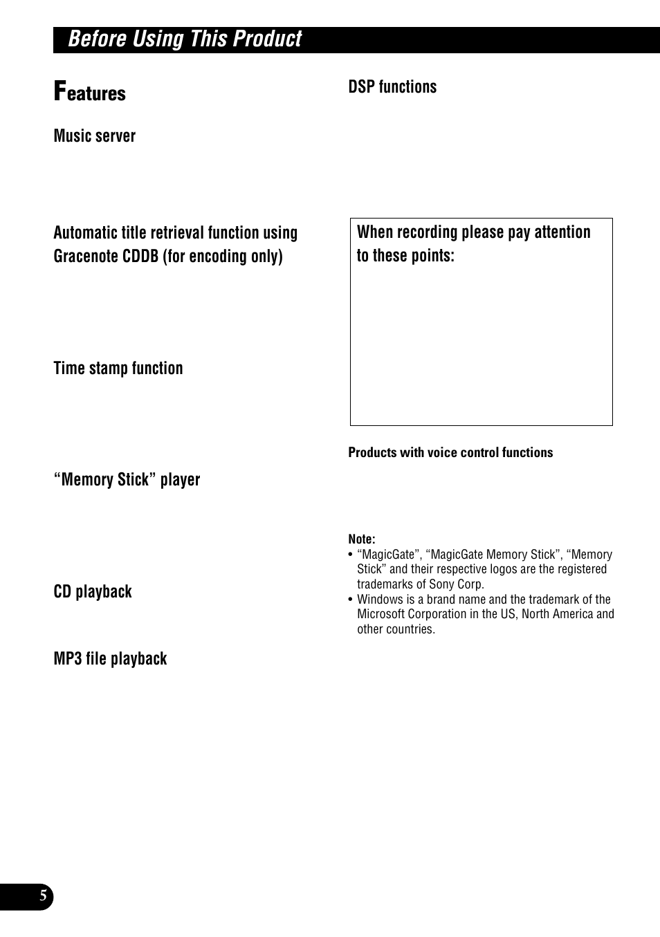 Before using this product, Features, Eatures | Music server, Time stamp function, Cd playback, Mp3 file playback, Dsp functions | Pioneer DEH-P900HDD User Manual | Page 6 / 156