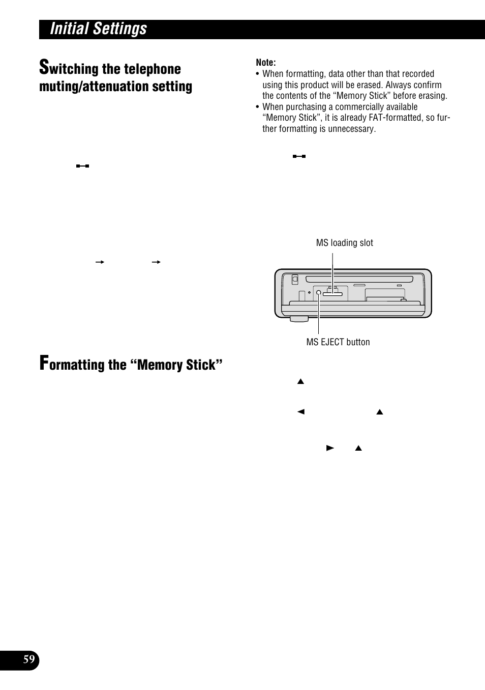 Switching the telephone muting, Attenuation setting, Formatting the “memory stick | Initial settings, Witching the telephone muting/attenuation setting | Pioneer DEH-P900HDD User Manual | Page 60 / 156