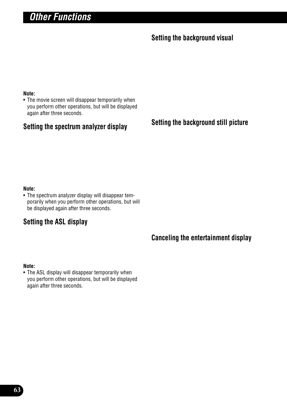 Other functions, Setting the spectrum analyzer display, Setting the asl display | Setting the background visual, Setting the background still picture, Canceling the entertainment display | Pioneer DEH-P900HDD User Manual | Page 64 / 156