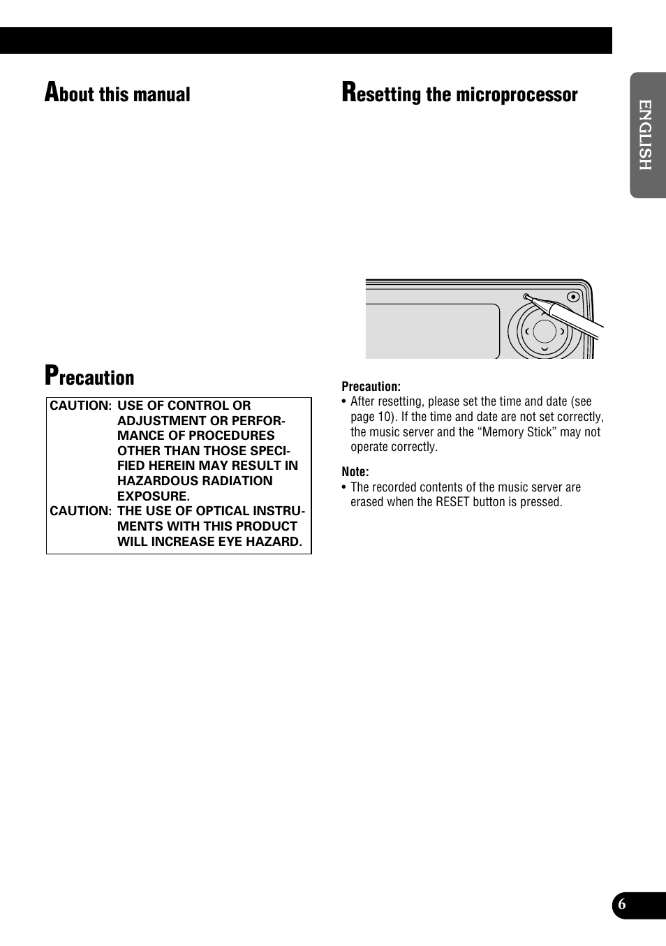 Bout this manual, Recaution, Esetting the microprocessor | Pioneer DEH-P900HDD User Manual | Page 7 / 156