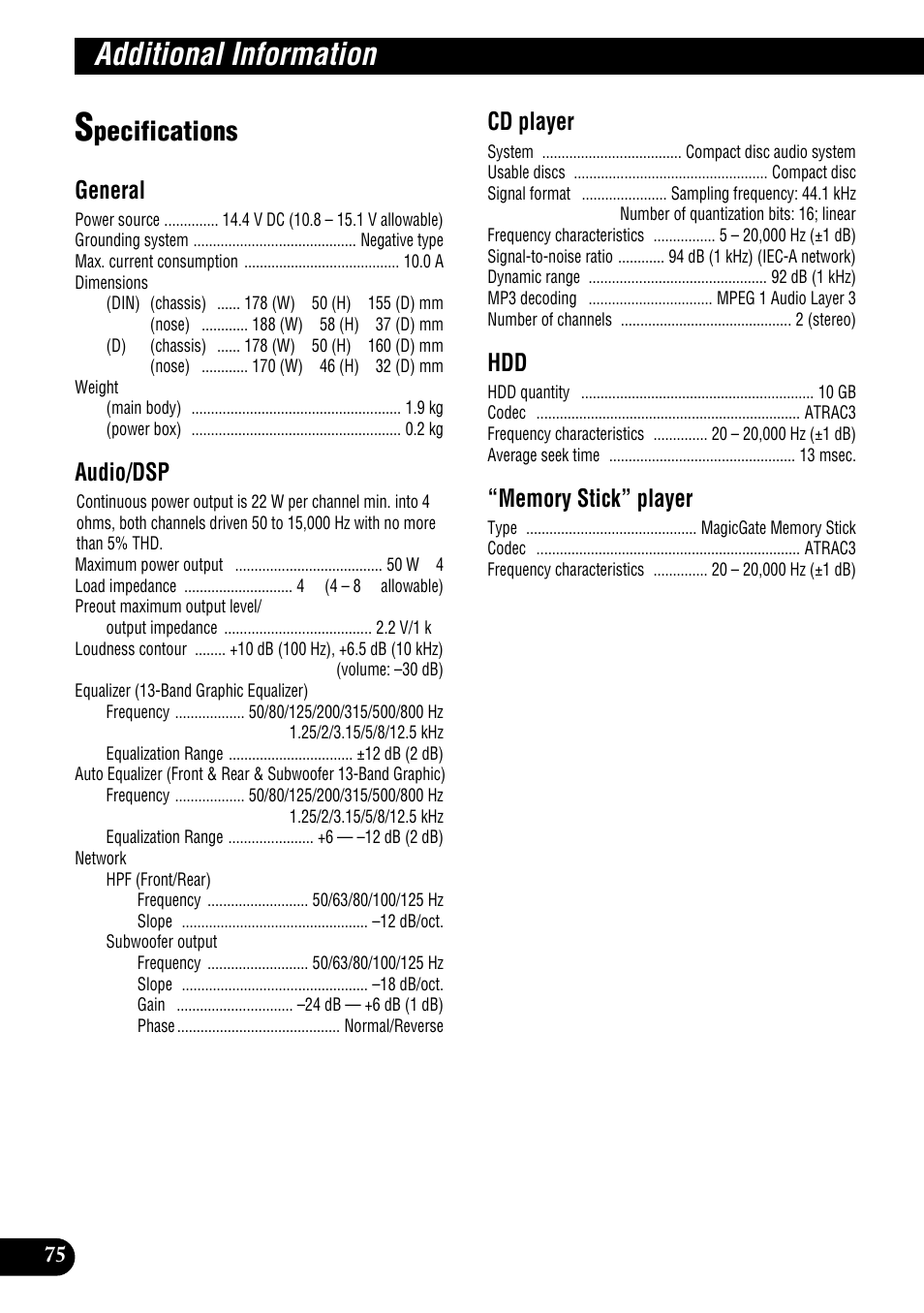 Specifications, Additional information, Pecifications | General, Audio/dsp, Cd player | Pioneer DEH-P900HDD User Manual | Page 76 / 156