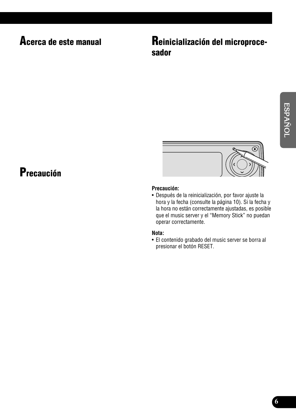 Cerca de este manual, Recaución, Einicialización del microproce- sador | Pioneer DEH-P900HDD User Manual | Page 83 / 156