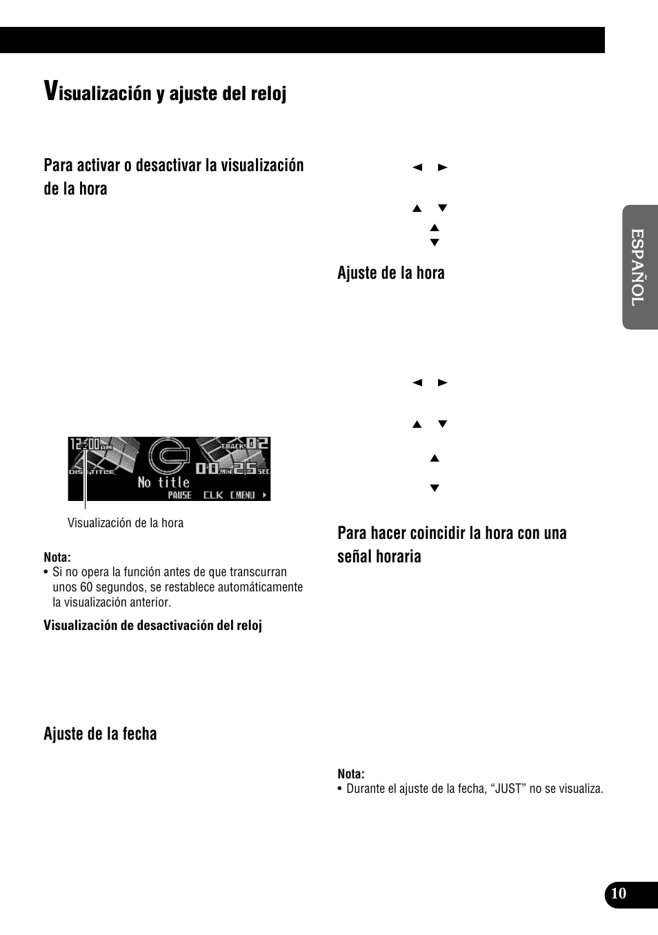 Visualización y ajuste del reloj, Isualización y ajuste del reloj, Ajuste de la fecha | Ajuste de la hora, Para hacer coincidir la hora con una señal horaria | Pioneer DEH-P900HDD User Manual | Page 87 / 156