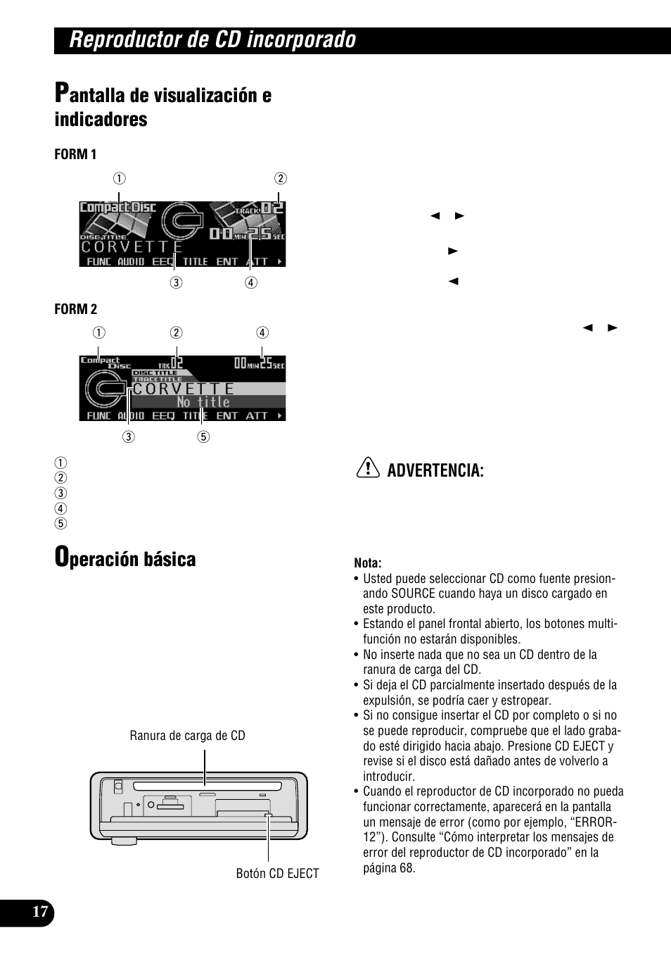 Reproductor de cd incorporado, Antalla de visualización e indicadores, Peración básica | Advertencia | Pioneer DEH-P900HDD User Manual | Page 94 / 156