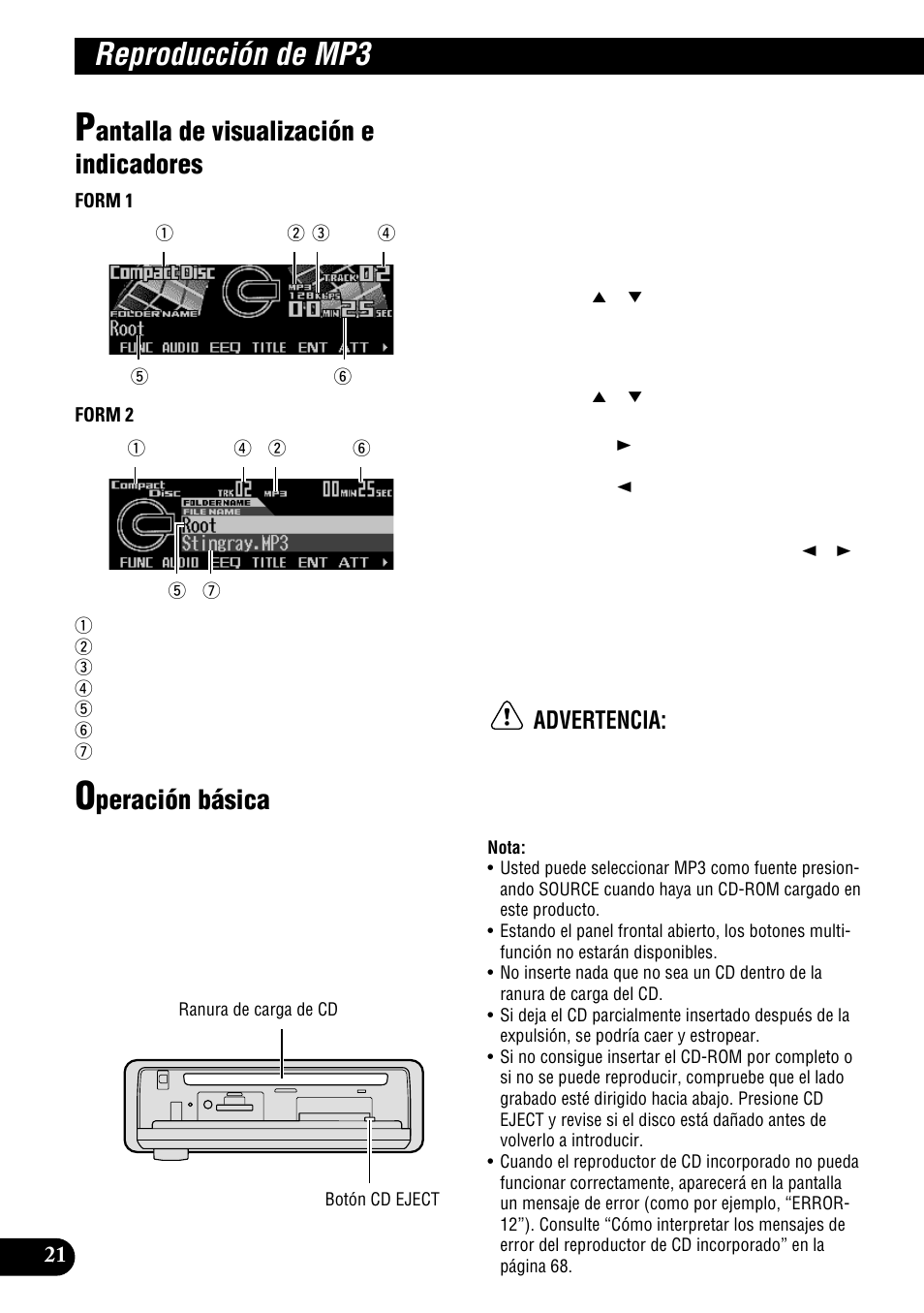 Reproducción de mp3, Antalla de visualización e indicadores, Peración básica | Advertencia | Pioneer DEH-P900HDD User Manual | Page 98 / 156