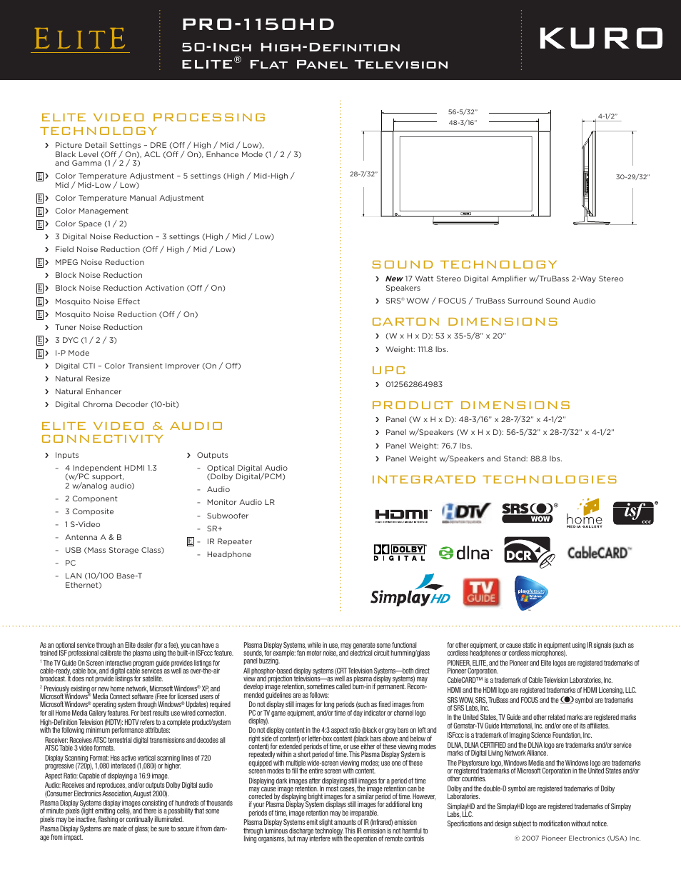 Pro-1150hd, Inch high-definition elite, Flat panel television | Sound technology, Carton dimensions, Product dimensions, Integrated technologies, Elite video processing technology, Elite video & audio connectivity | Pioneer PRO-1150HD User Manual | Page 2 / 2