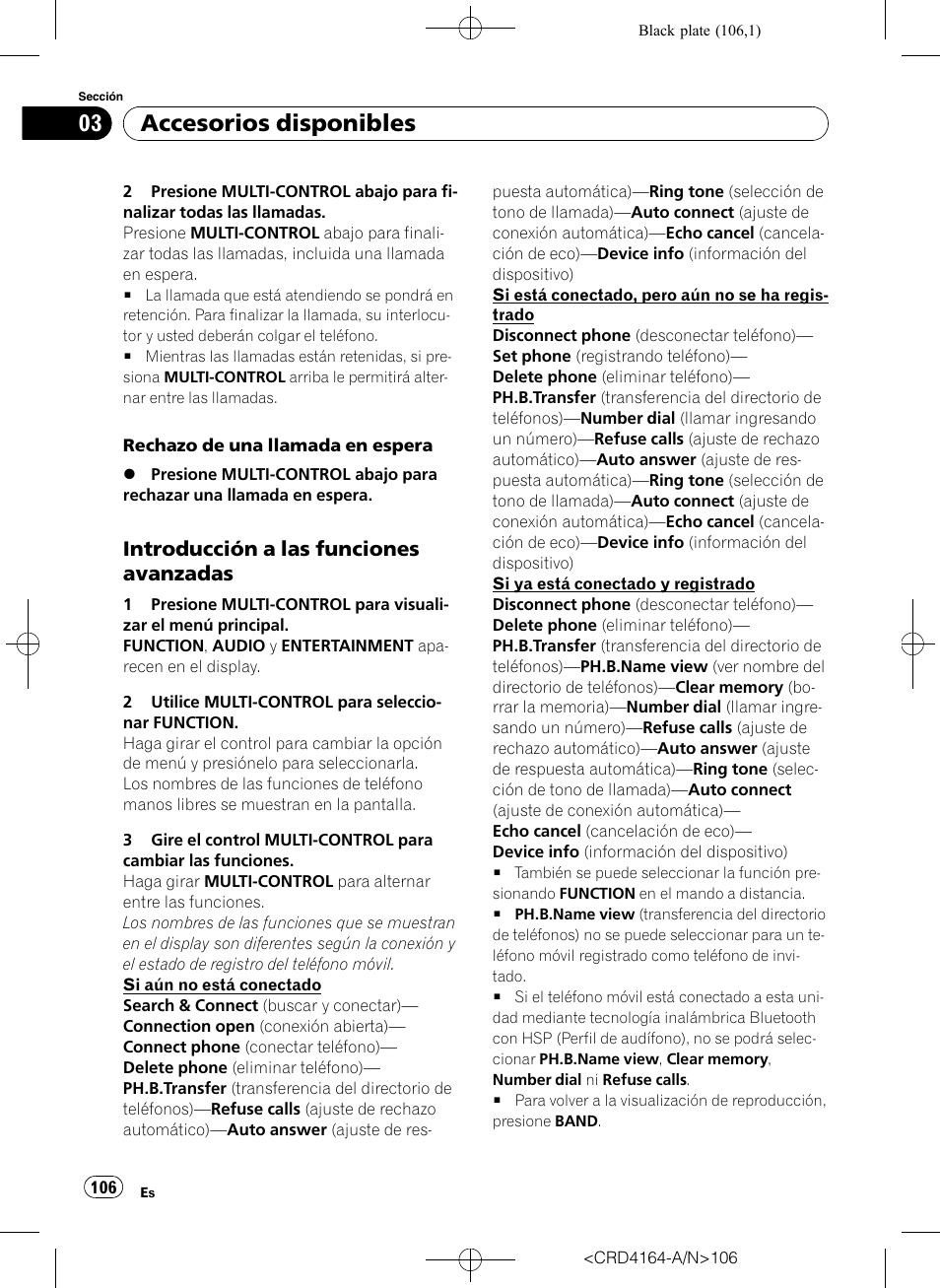 Introducción a las funciones, Avanzadas, Accesorios disponibles | Introducción a las funciones avanzadas | Pioneer SUPER TUNERIII D DEH-P7950UB User Manual | Page 106 / 132