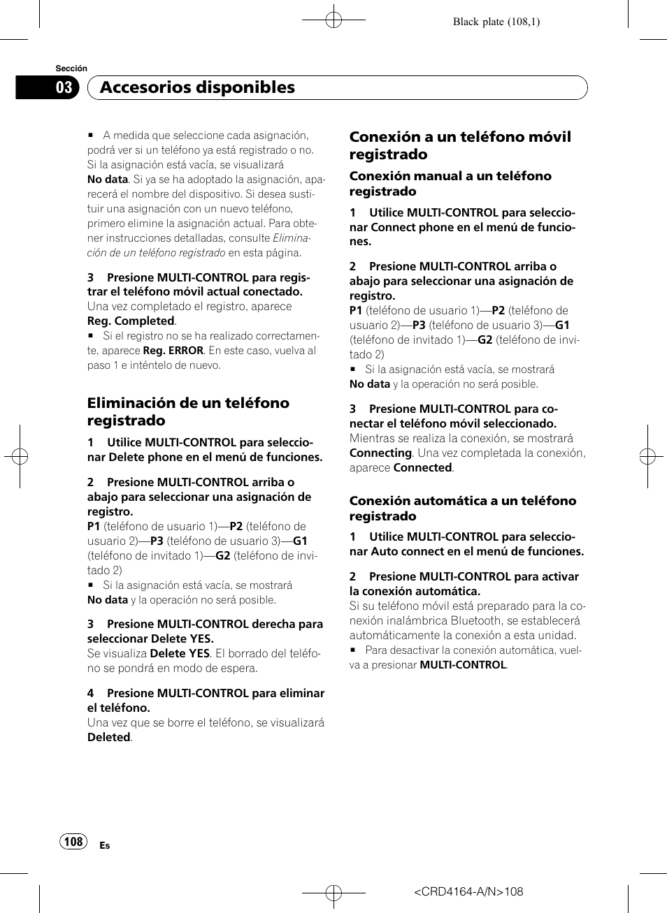 Eliminación de un teléfono, Registrado, Conexión a un teléfono móvil | Accesorios disponibles, Eliminación de un teléfono registrado, Conexión a un teléfono móvil registrado | Pioneer SUPER TUNERIII D DEH-P7950UB User Manual | Page 108 / 132