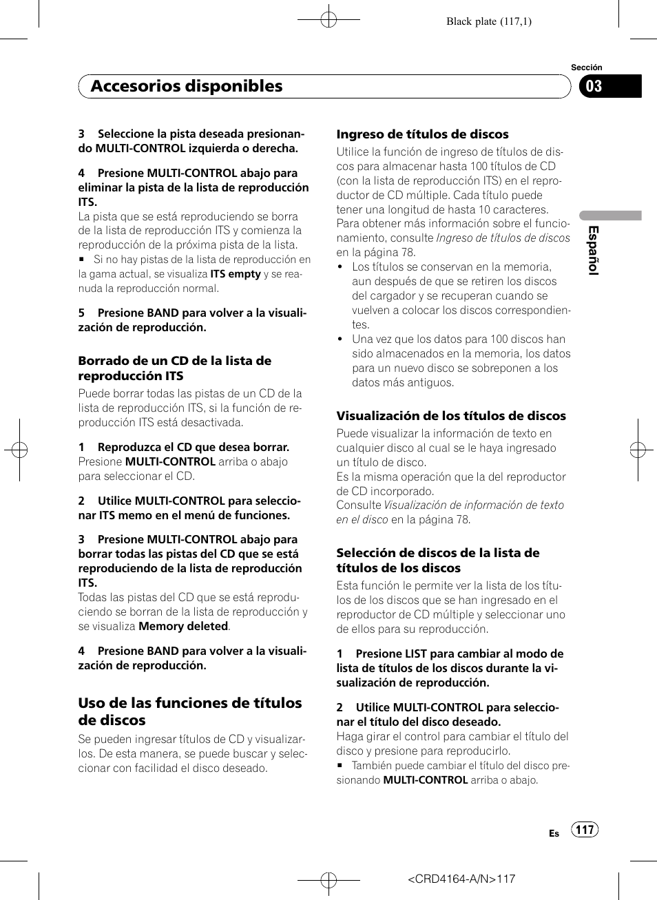 Uso de las funciones de títulos de, Discos, Accesorios disponibles | Uso de las funciones de títulos de discos | Pioneer SUPER TUNERIII D DEH-P7950UB User Manual | Page 117 / 132